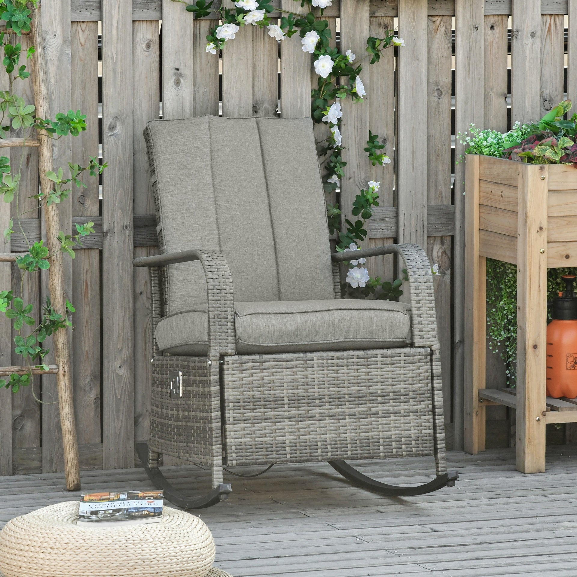 Outsunny PE Rattan Rocking Recliner with Footrest, Gray