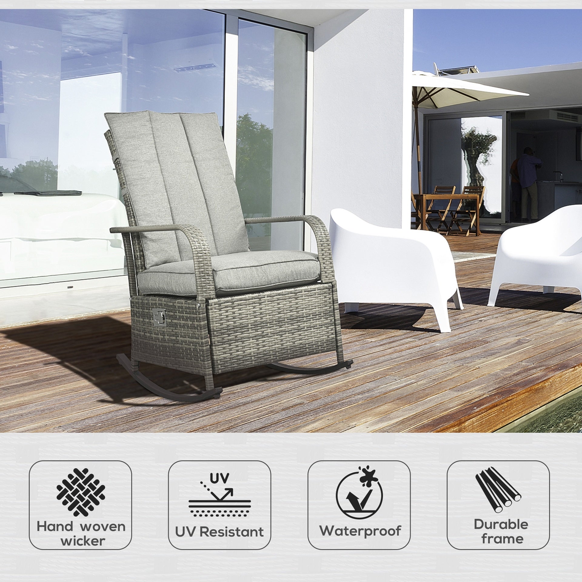 Outsunny PE Rattan Rocking Recliner with Footrest, Gray