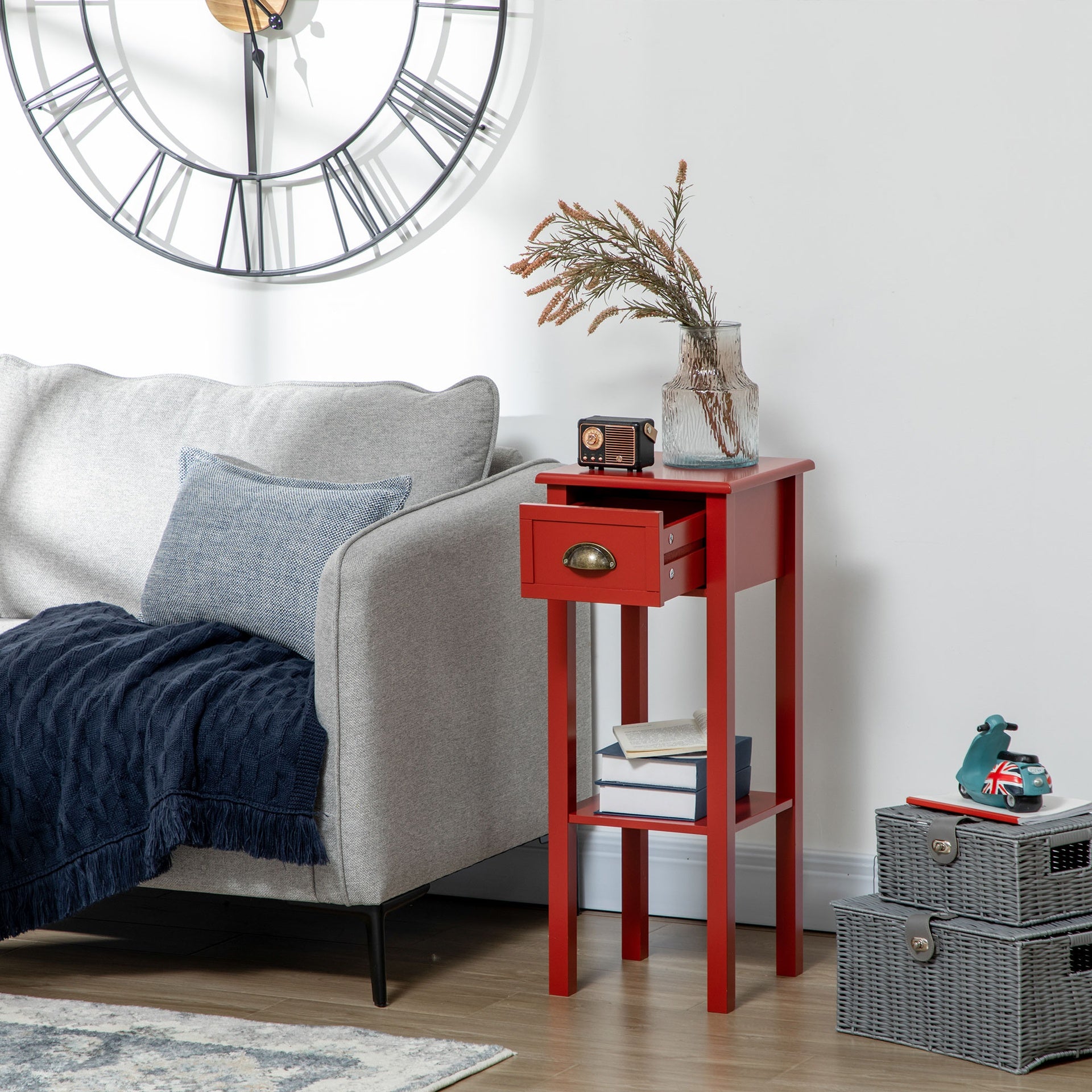 HOMCOM 2-Tier Side Table with Drawer and Shelf, End Table for Living Room and Hallway, Red
