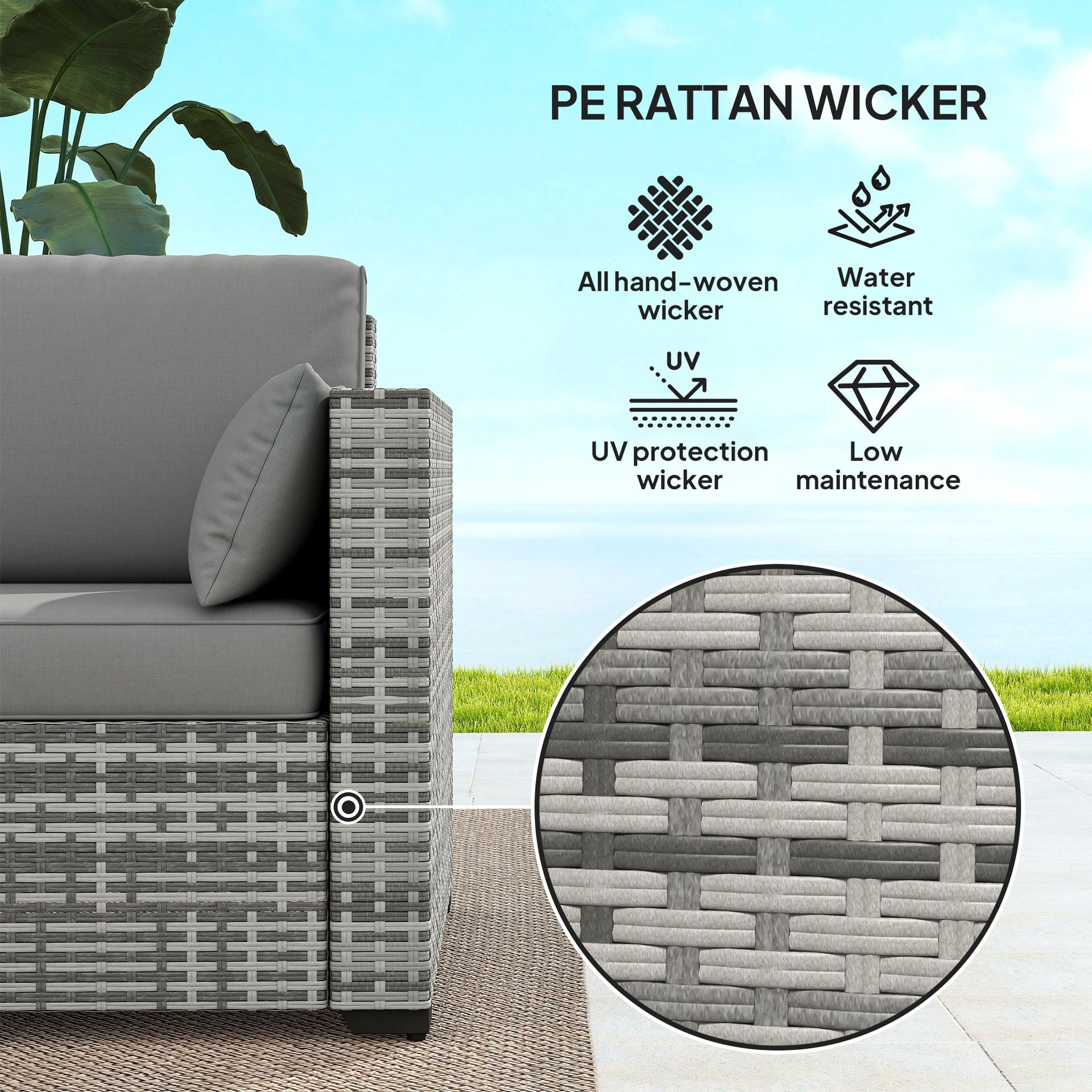 Outsunny Patio Couch PE Wicker Deep Seating Outdoor Sofa with Removable Cushions, 3 Seater Rattan Sofa, Outdoor Furniture for Balcony, Deck, Garden and Poolside, Gray