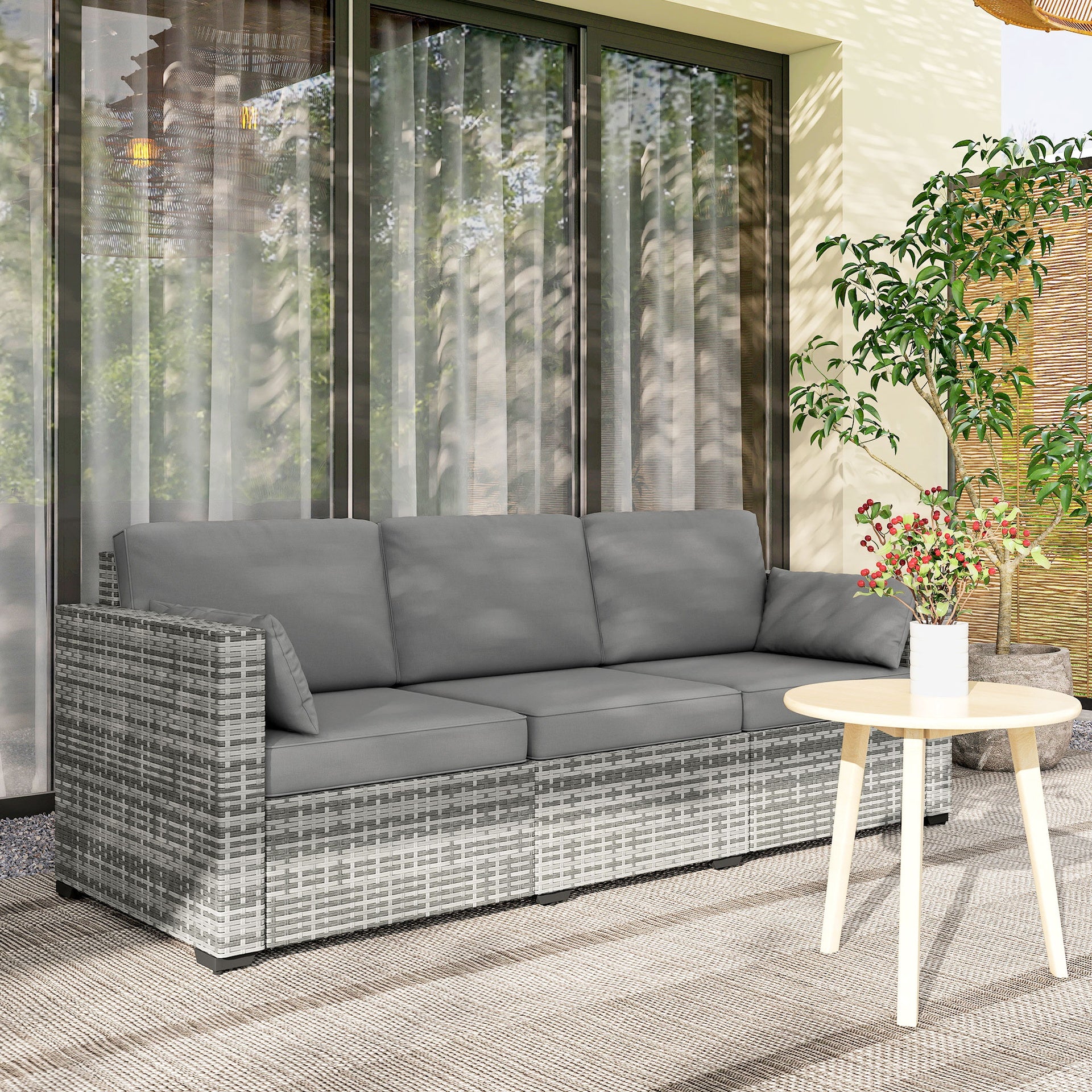 Outsunny Patio Couch PE Wicker Deep Seating Outdoor Sofa with Removable Cushions, 3 Seater Rattan Sofa, Outdoor Furniture for Balcony, Deck, Garden and Poolside, Gray