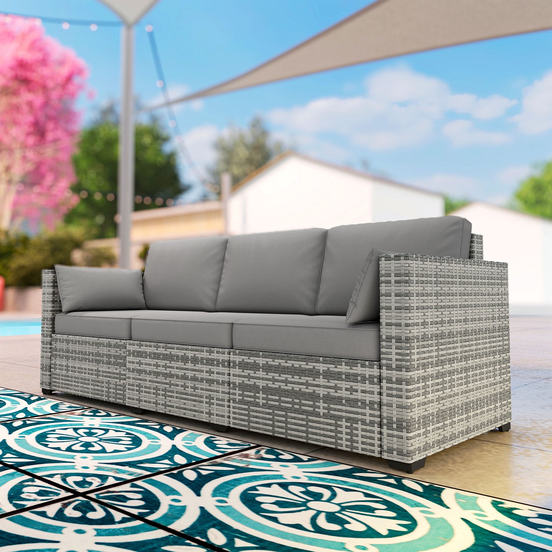 Outsunny Patio Couch PE Wicker Deep Seating Outdoor Sofa with Removable Cushions, 3 Seater Rattan Sofa, Outdoor Furniture for Balcony, Deck, Garden and Poolside, Gray