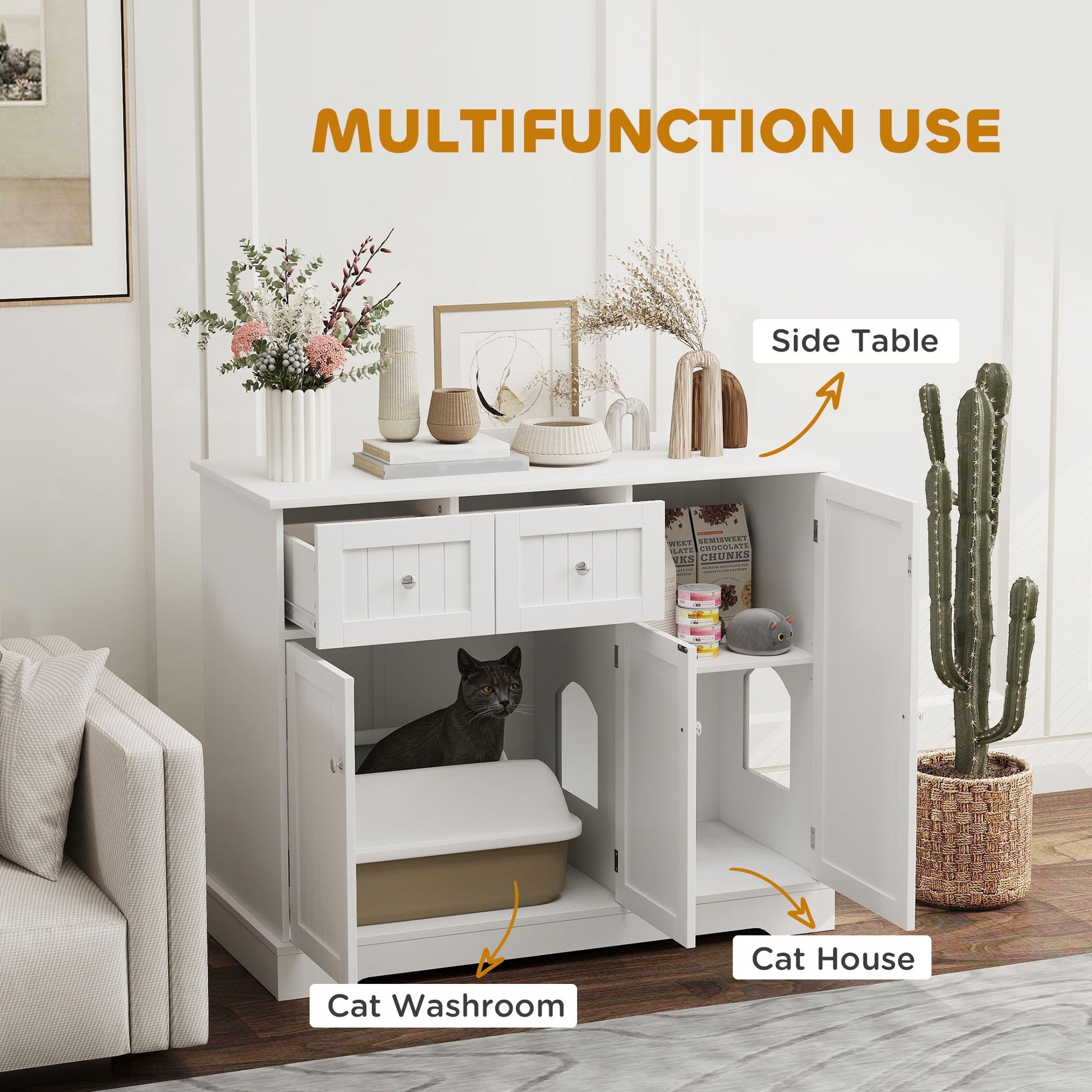 PawHut Cat Litter Box Enclosure with Drawers, Storage, Anti-tip Kit, 39" x 18" x 31.5", White