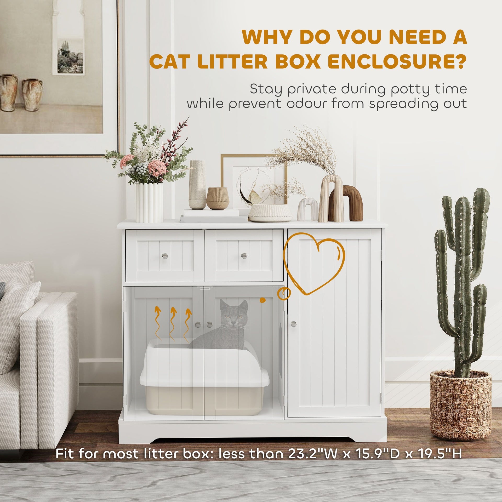PawHut Cat Litter Box Enclosure with Drawers, Storage, Anti-tip Kit, 39" x 18" x 31.5", White