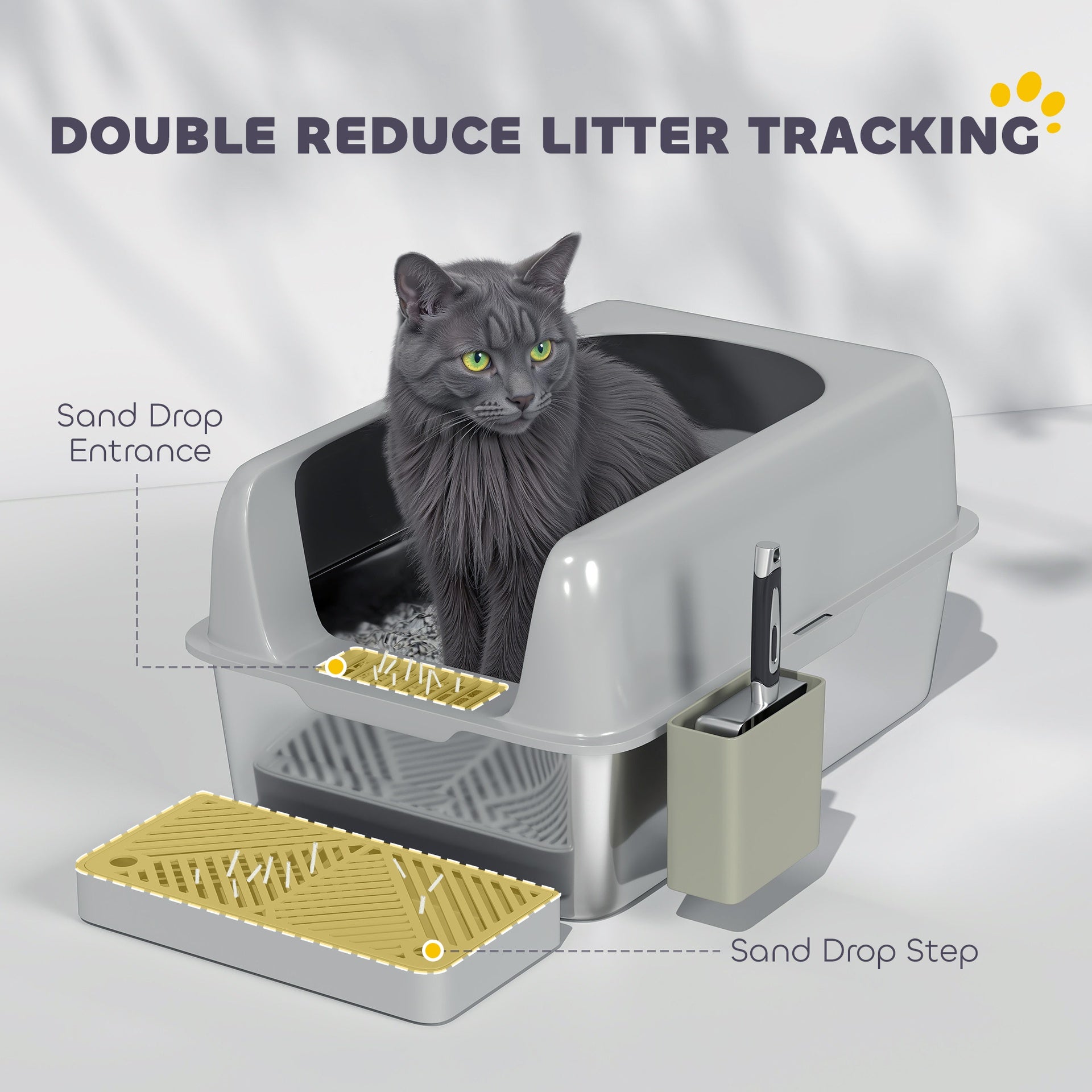 PawHut High Sided Stainless Steel Litter Box with Metal Scoop & Scoop Holder, for Easy Clean& Anti-Urine Leakage, Light Gray