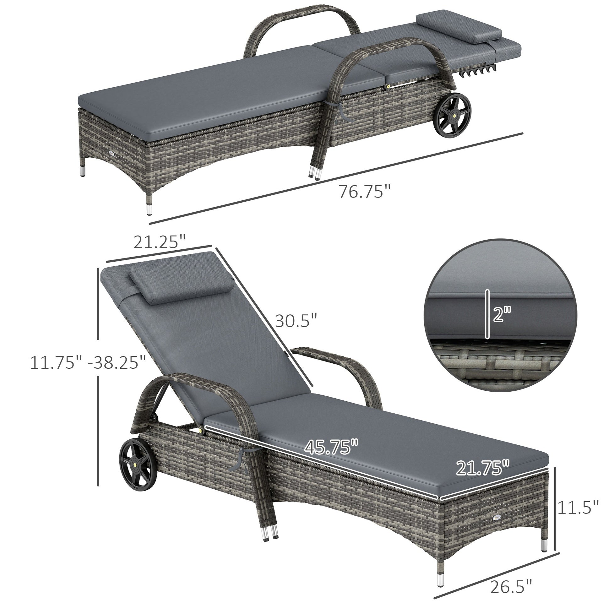 Outsunny Outdoor Chaise Lounge, 5-Level Adjustable Backrest Rattan Pool Lounge Chair with Wheels, Cushion & Headrest, Gray