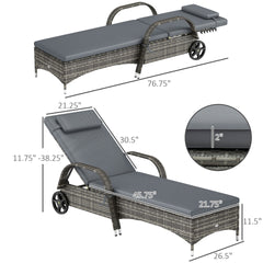 Outsunny Outdoor Chaise Lounge, 5-Level Adjustable Backrest Rattan Pool Lounge Chair with Wheels, Cushion & Headrest, Gray