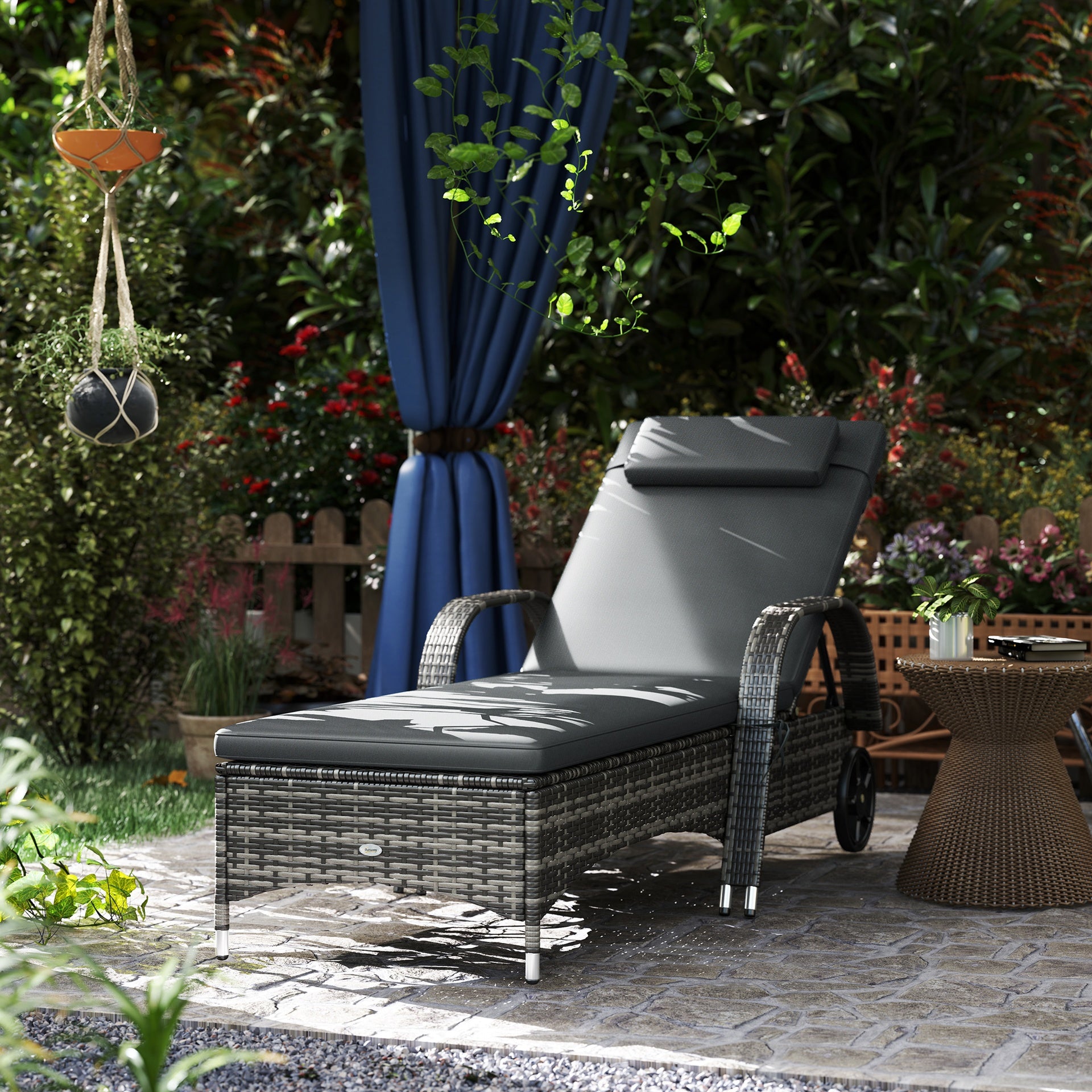 Outsunny Outdoor Chaise Lounge, 5-Level Adjustable Backrest Rattan Pool Lounge Chair with Wheels, Cushion & Headrest, Gray