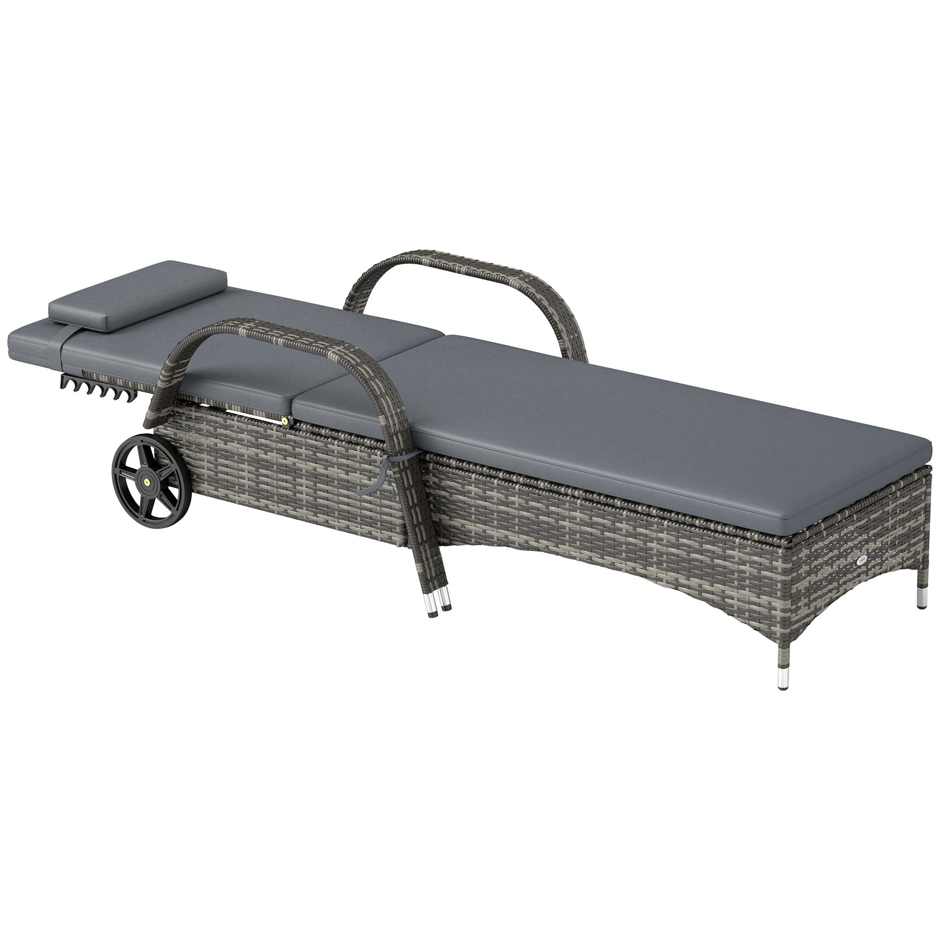 Outsunny Outdoor Chaise Lounge, 5-Level Adjustable Backrest Rattan Pool Lounge Chair with Wheels, Cushion & Headrest, Gray