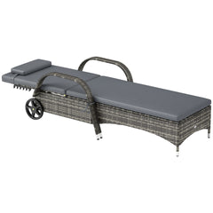 Outsunny Outdoor Chaise Lounge, 5-Level Adjustable Backrest Rattan Pool Lounge Chair with Wheels, Cushion & Headrest, Gray