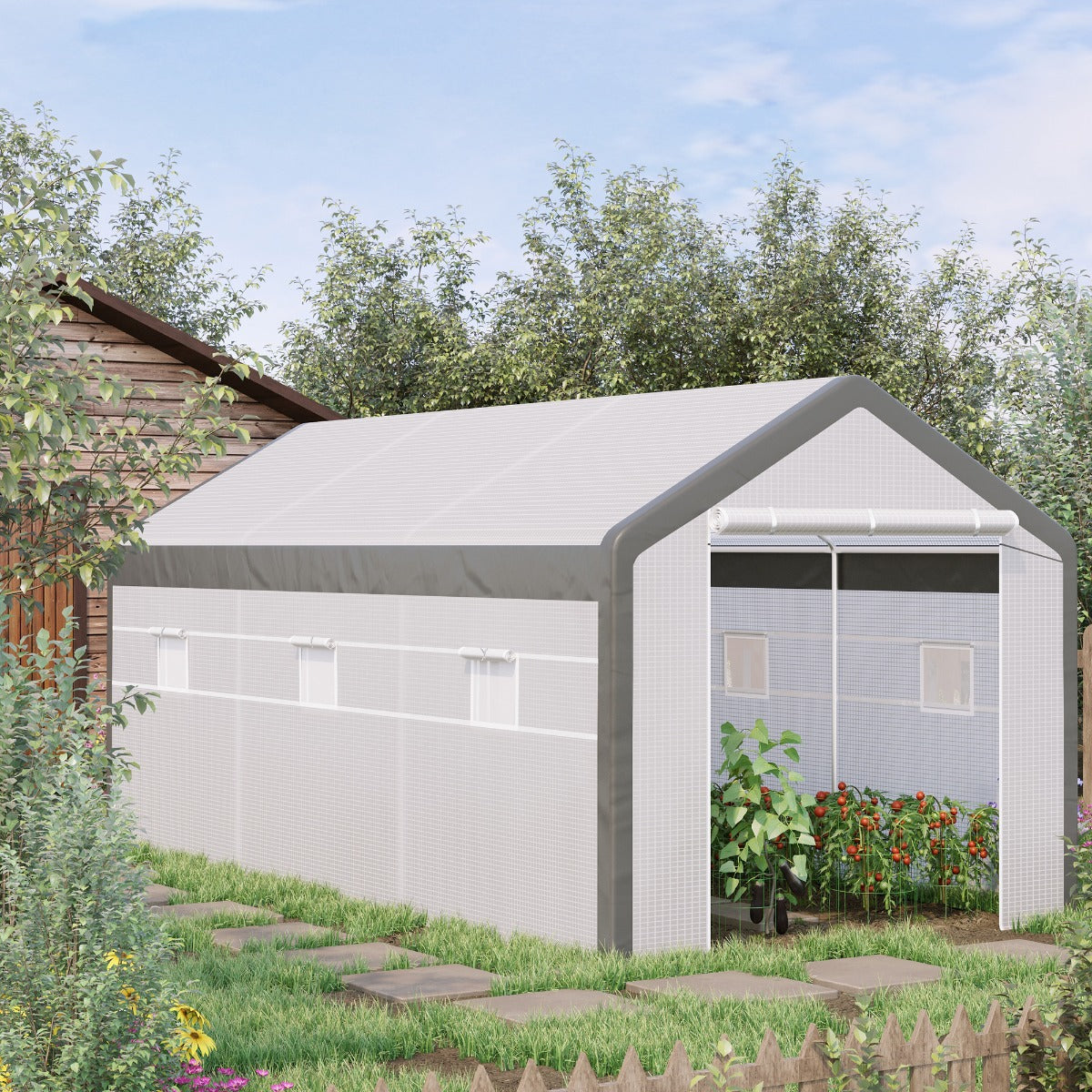 Outsunny 20' x 10' x 9' Walk-in Greenhouse, Outdoor Garden Warm Hot House with 6 Roll-up Windows, 2 Zippered Doors and Weather Cover, White