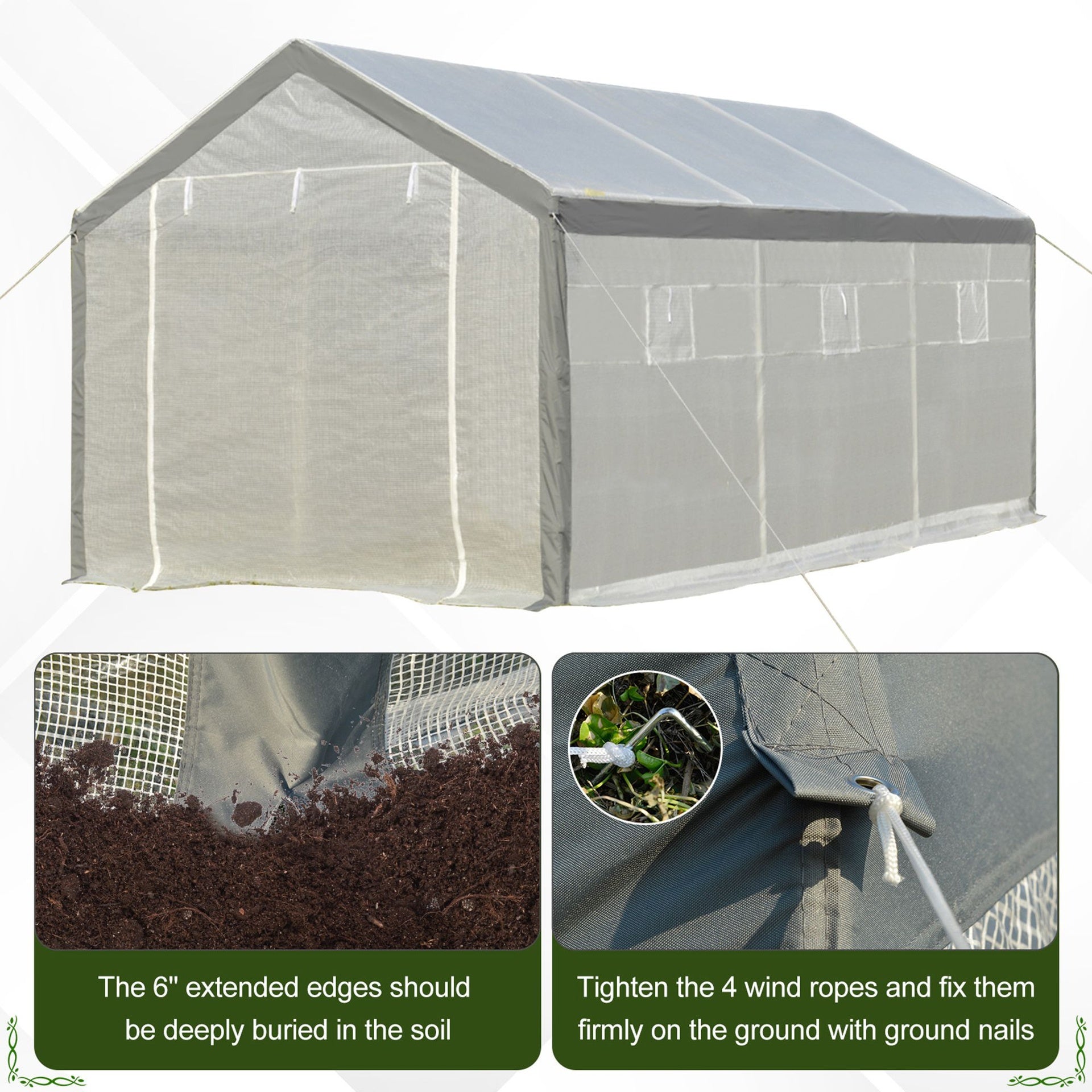 Outsunny 20' x 10' x 9' Walk-in Greenhouse, Outdoor Garden Warm Hot House with 6 Roll-up Windows, 2 Zippered Doors and Weather Cover, White