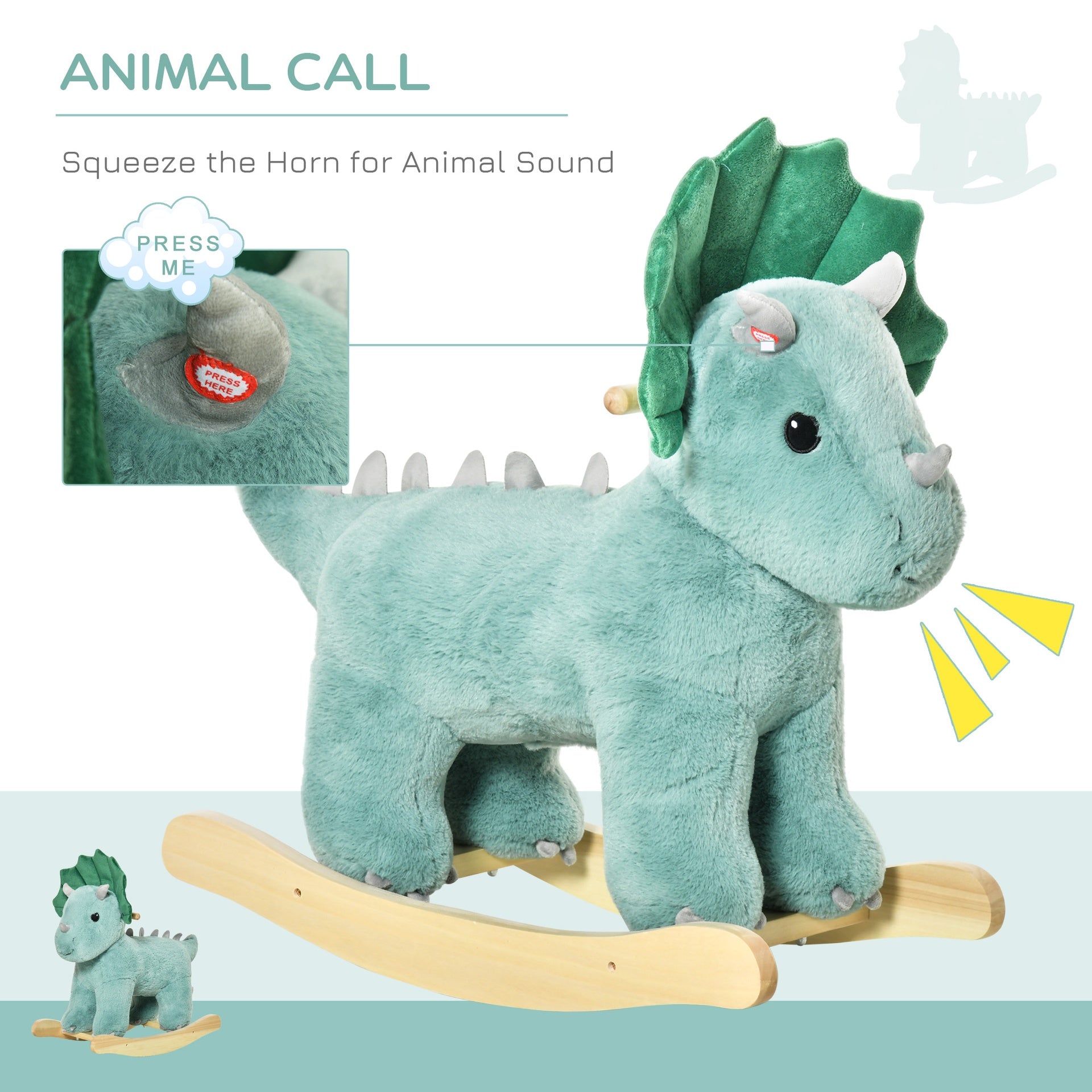 Qaba Kids Plush Ride-On Rocking Horse Triceratops-shaped Plush Toy Rocker with Realistic Sounds for Child 36-72 Months Green