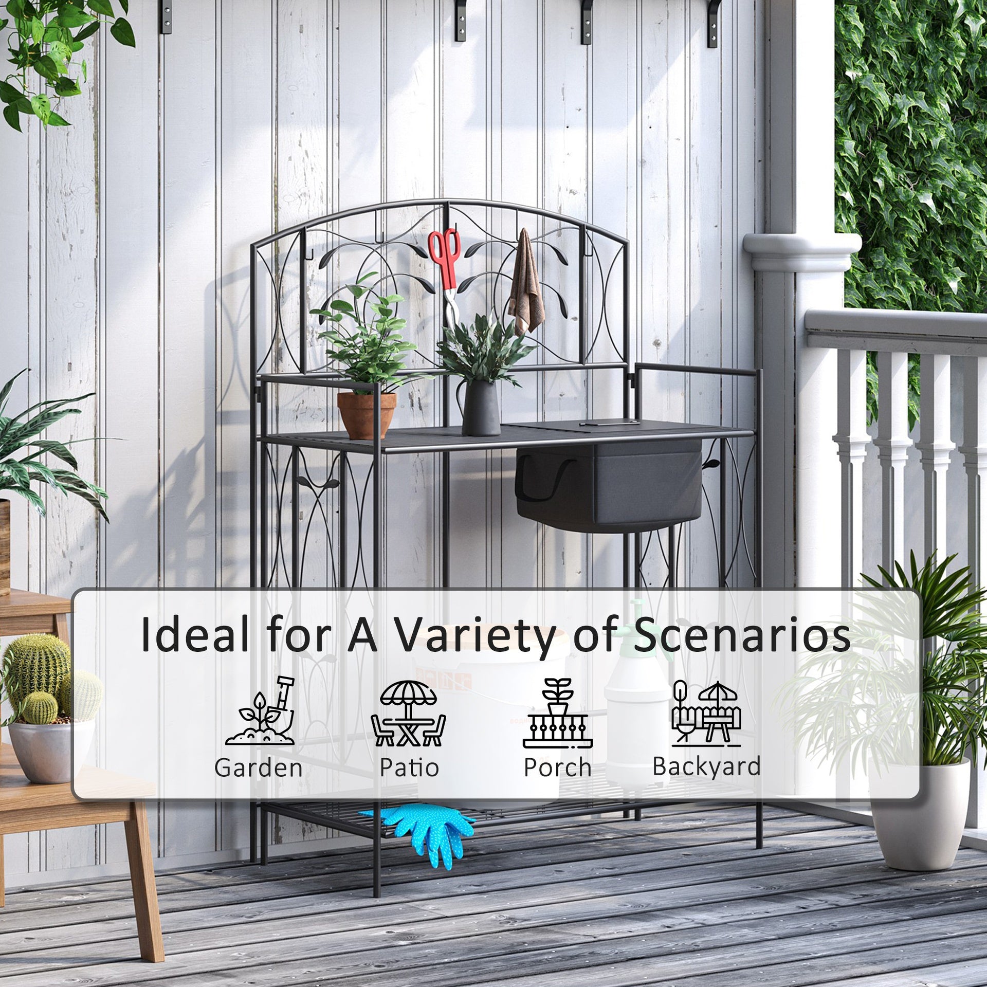 Outsunny Folding Potting Bench Table, Metal Garden Workstation, Work Bench with Large Built-in Bag with Cover, 5 Hanging Hooks & Storage Shelf, Leaf Pattern