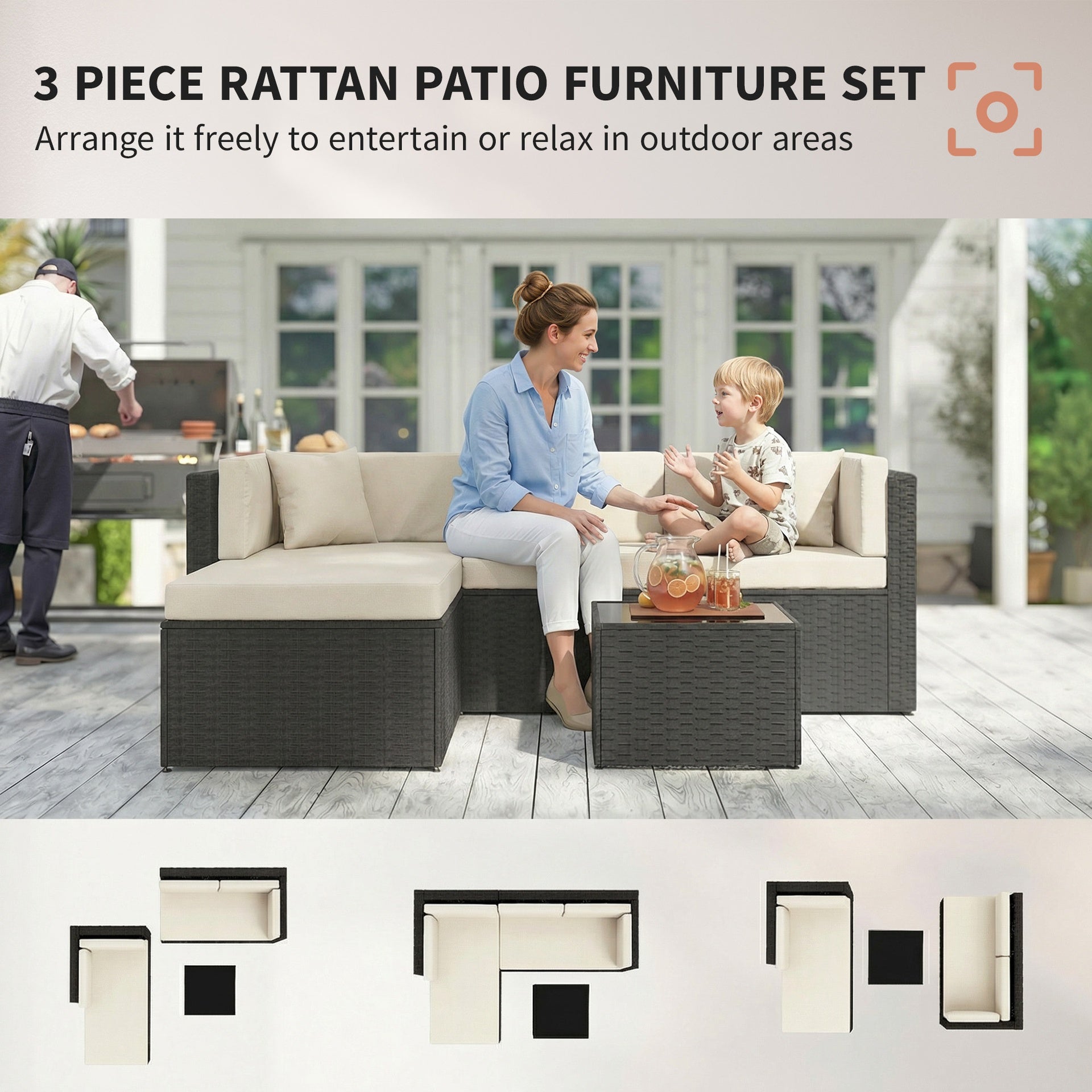 Outsunny 3 Piece Patio Furniture Set, Wicker Outdoor Patio Conversation Furniture Set with Cushions, Glass Top Table, Beige