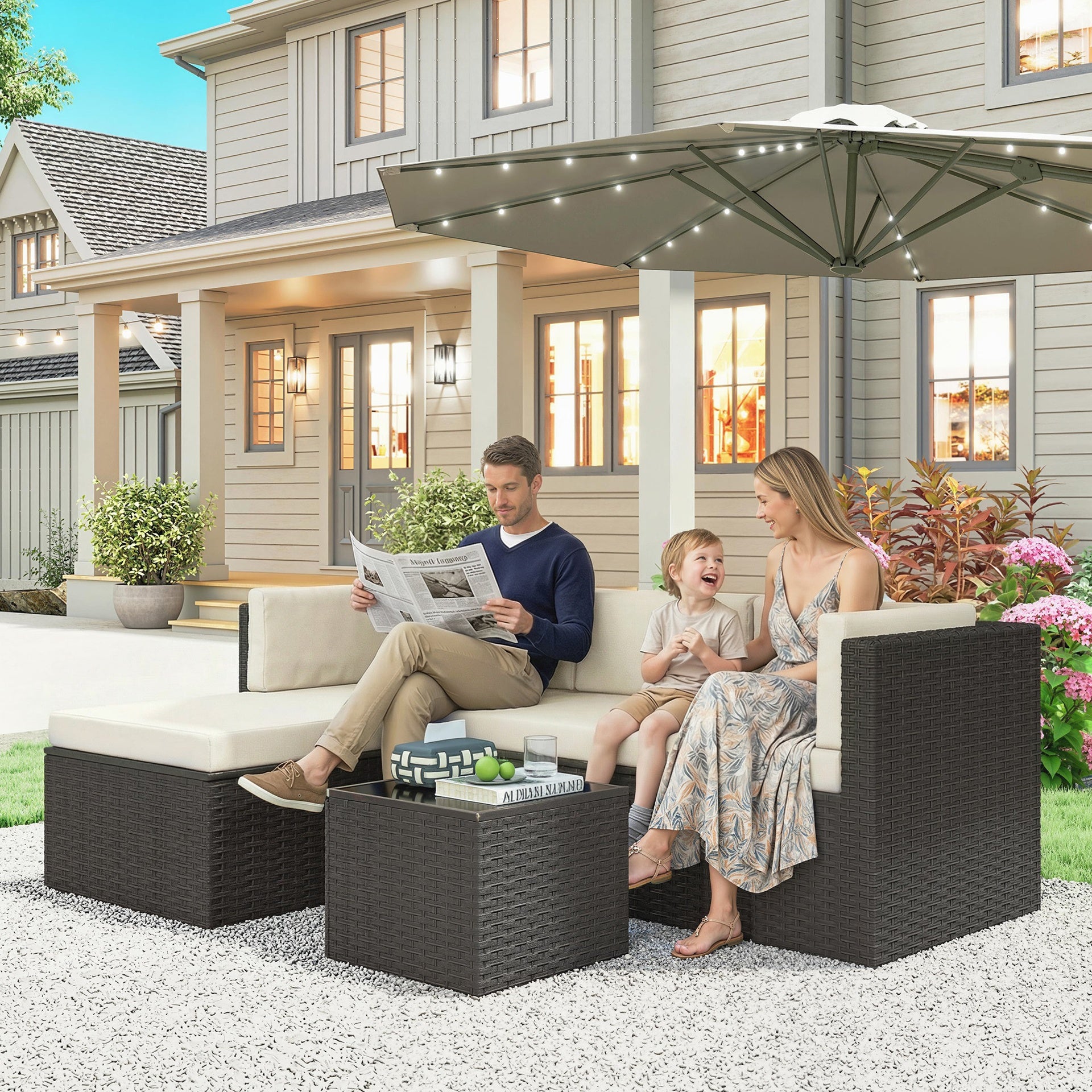 Outsunny 3 Piece Patio Furniture Set, Wicker Outdoor Patio Conversation Furniture Set with Cushions, Glass Top Table, Beige