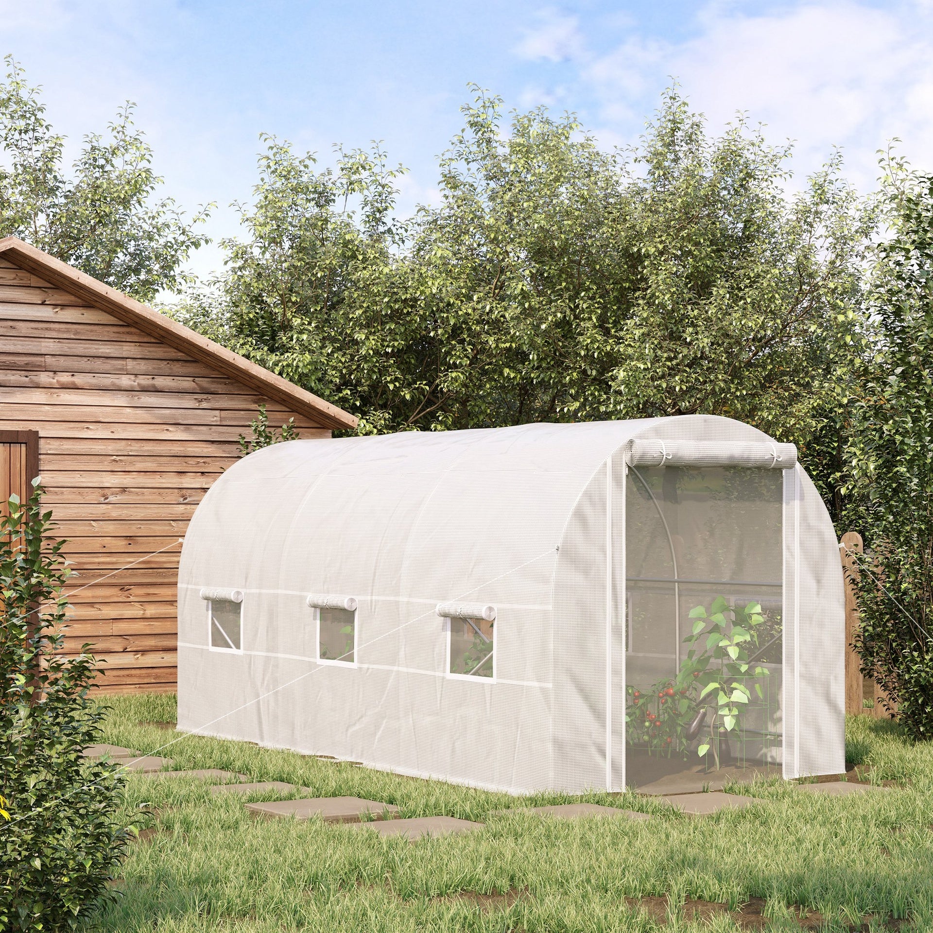 Outsunny 14.6' x 6.6' x 6.6' Walk-In Tunnel Greenhouse, Large Garden Hot House Kit with 6 Roll-up Windows & Roll Up Door, Steel Frame, White
