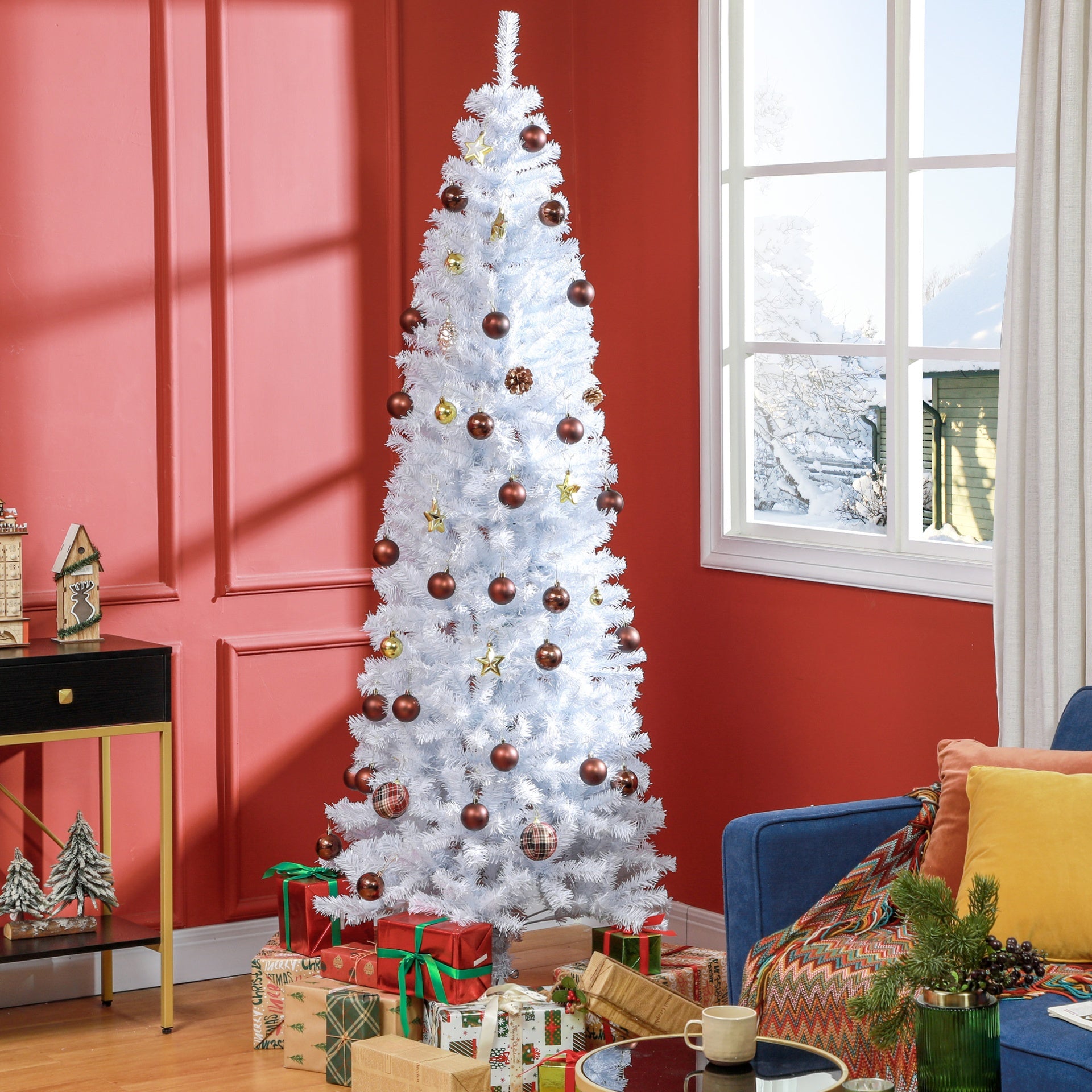 HOMCOM 7 FT Artificial Christmas Tree Pencil Xmas Tree with Stand, 818 Tips, Holiday Home Indoor Decoration for Party, White