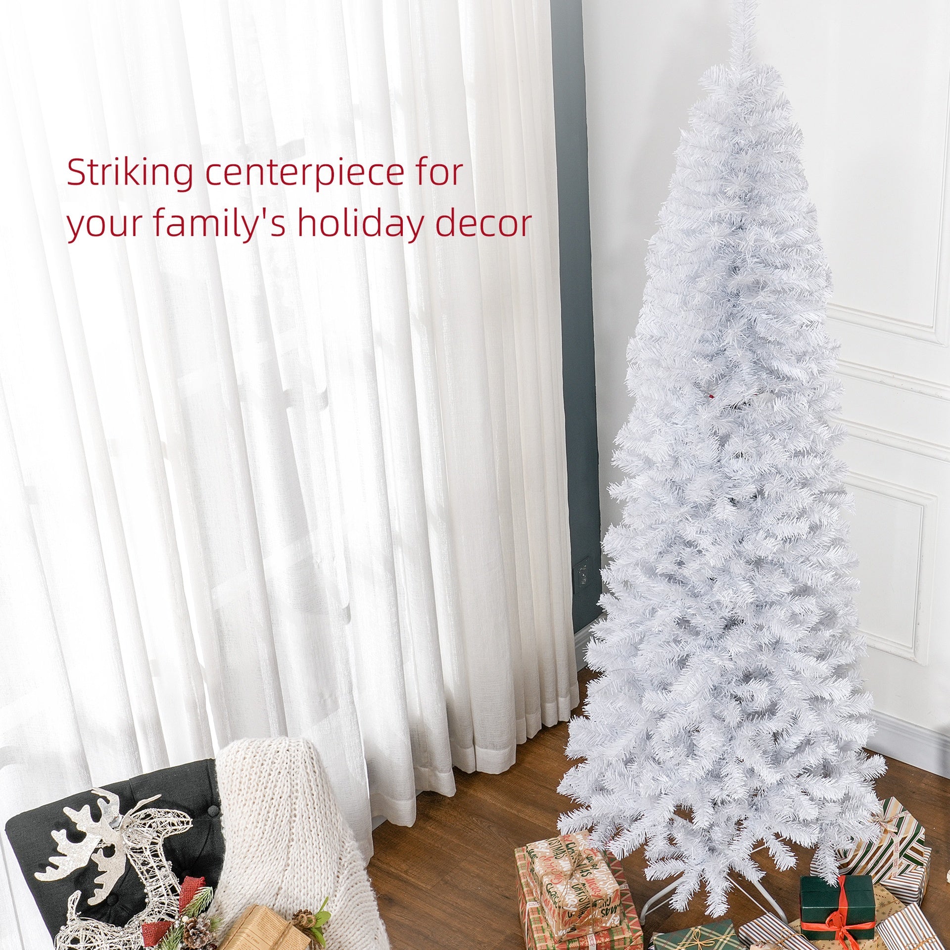 HOMCOM 7 FT Artificial Christmas Tree Pencil Xmas Tree with Stand, 818 Tips, Holiday Home Indoor Decoration for Party, White