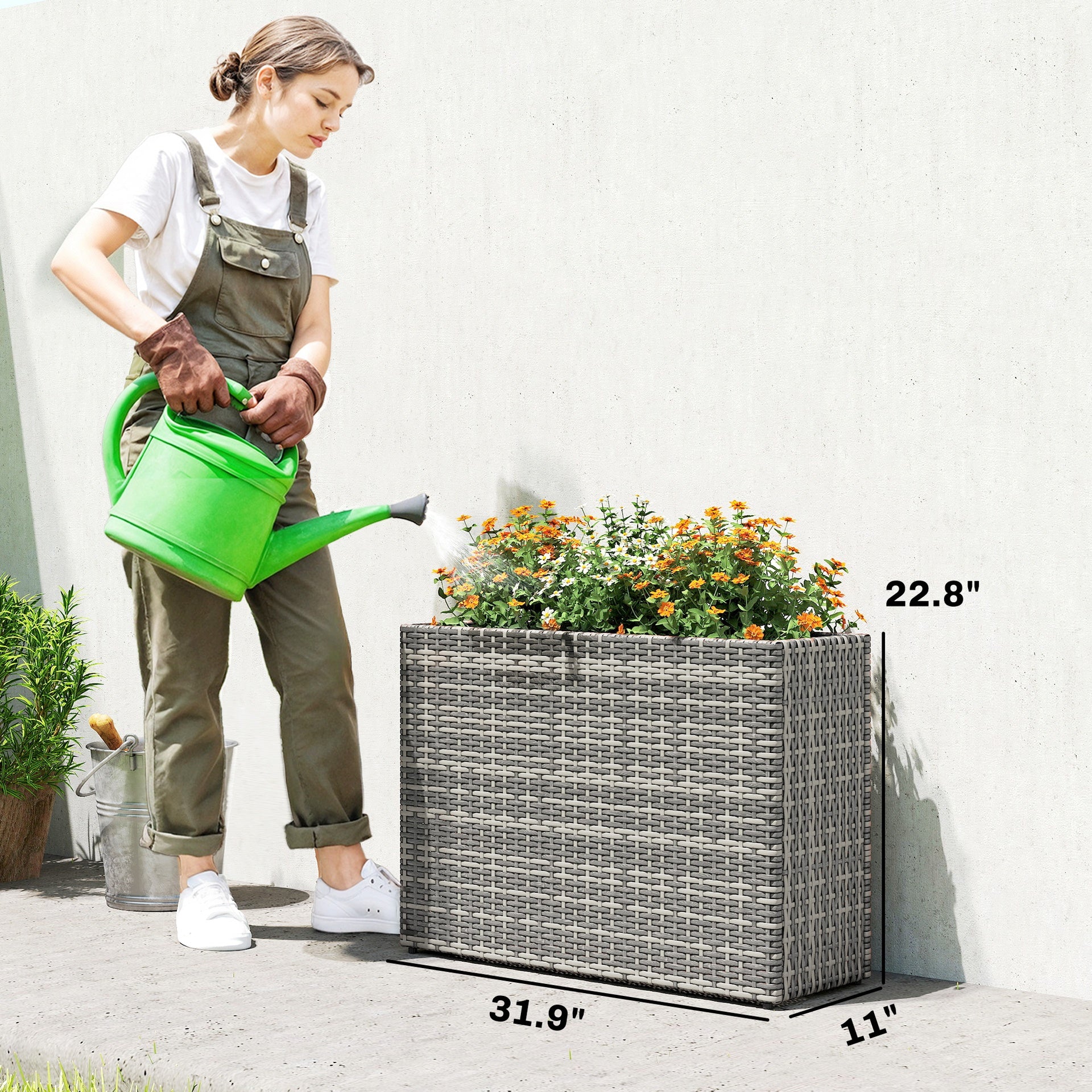 Outsunny Tall Rectangular Planter with Removable Liner, Holes, PE Wicker Large Planter Box for Indoor Outdoor Plants, Gray