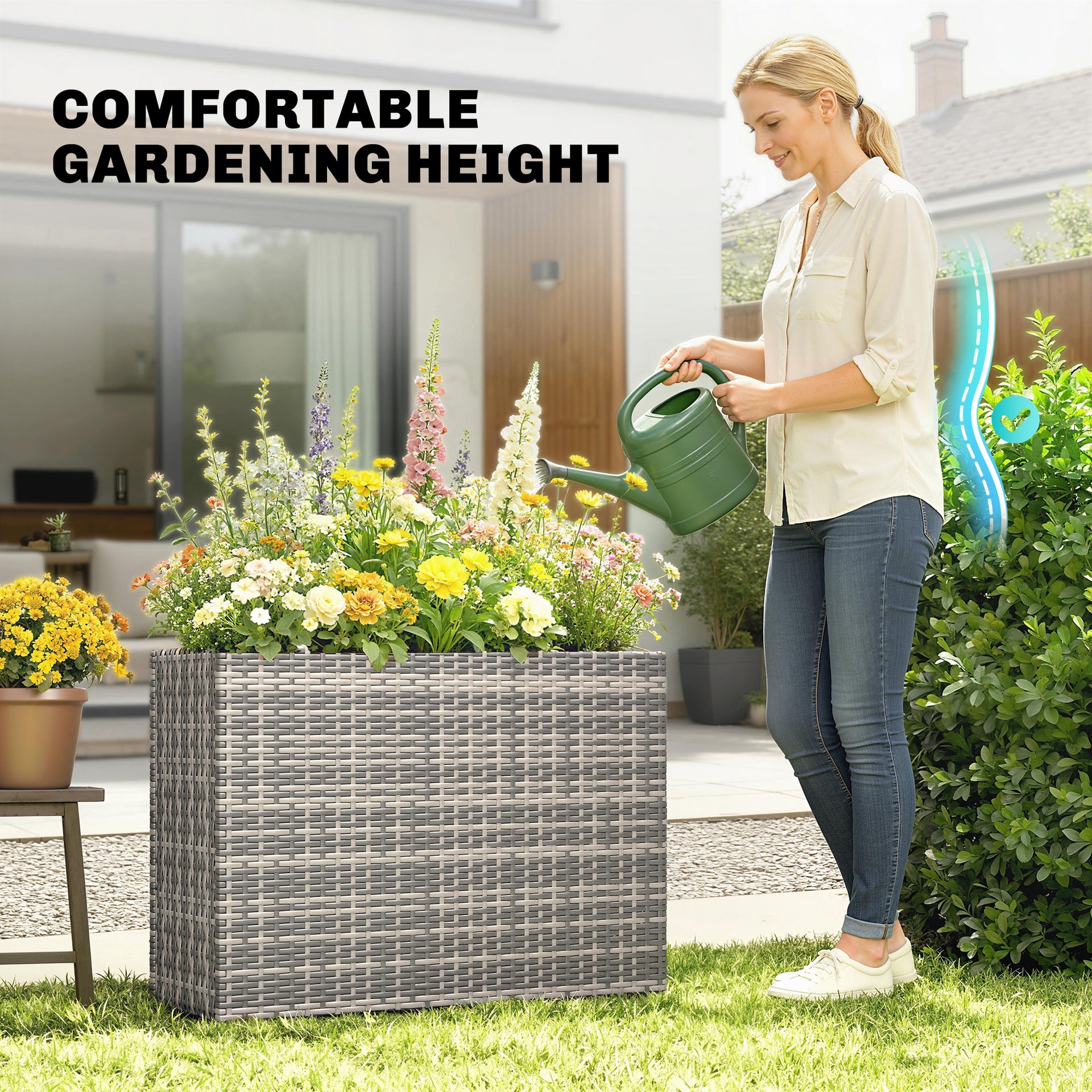 Outsunny Tall Rectangular Planter with Removable Liner, Holes, PE Wicker Large Planter Box for Indoor Outdoor Plants, Gray