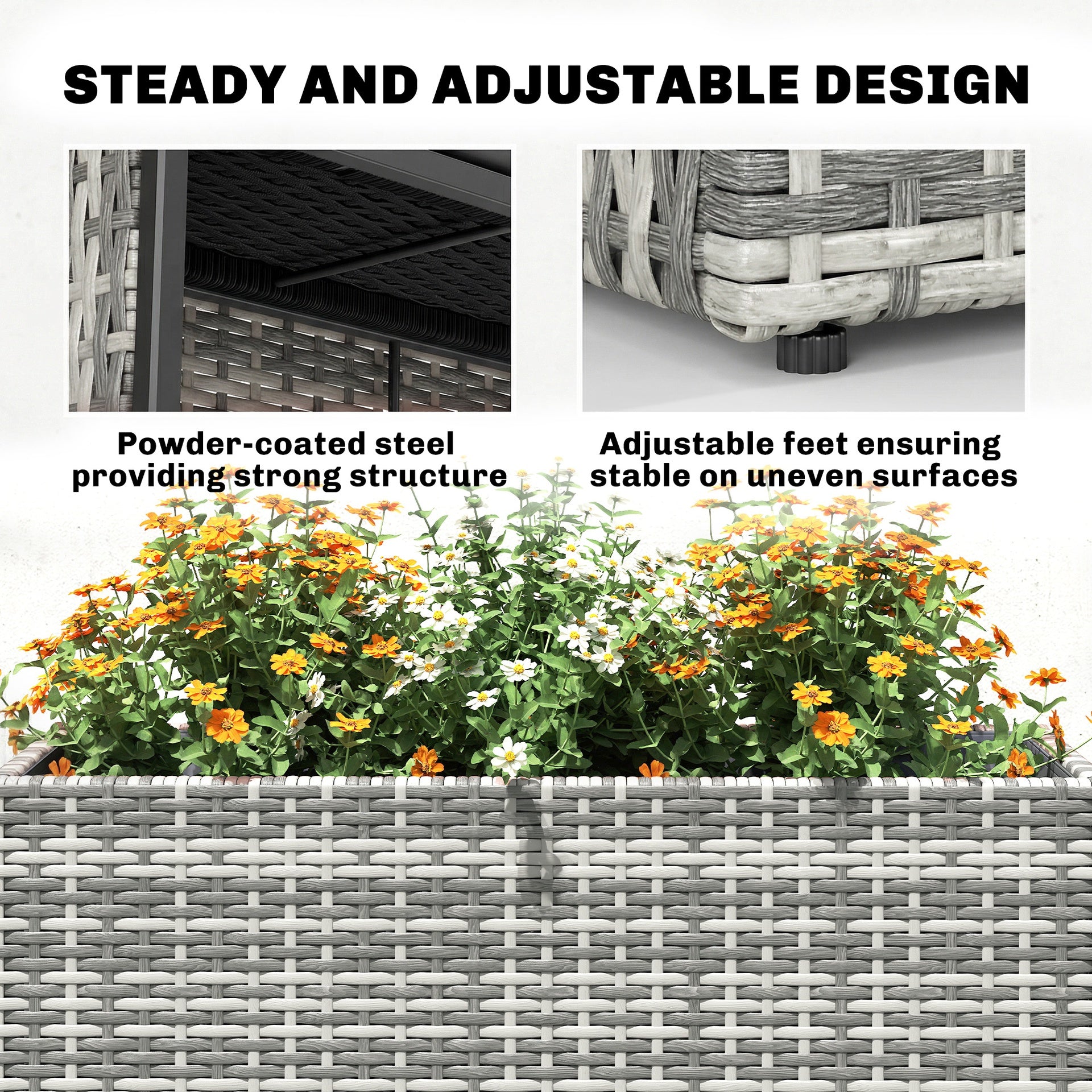 Outsunny Tall Rectangular Planter with Removable Liner, Holes, PE Wicker Large Planter Box for Indoor Outdoor Plants, Gray