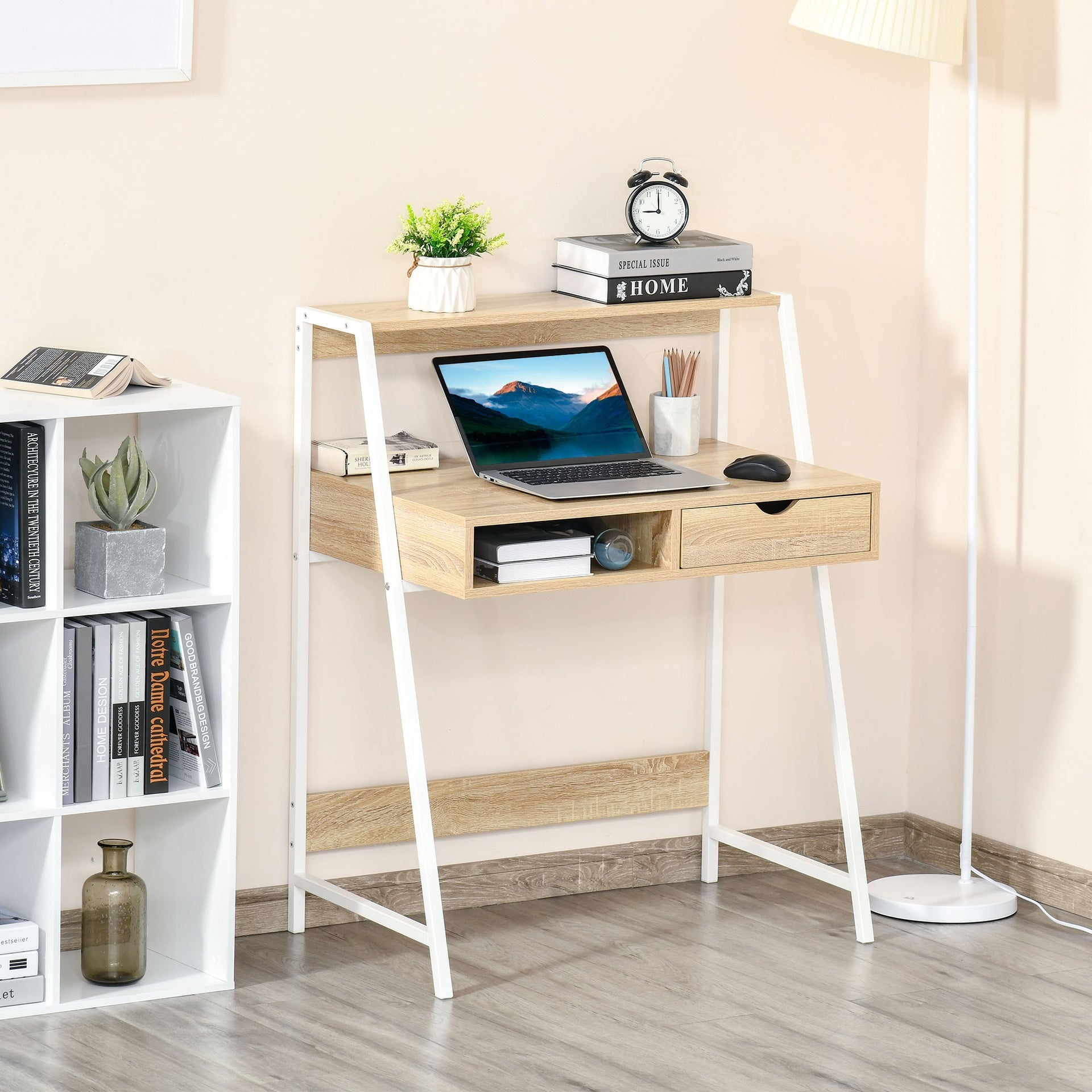 HOMCOM Home Office desk, Computer Desk for Small Spaces, Study Table with Drawer and Storage Shelves, Natural