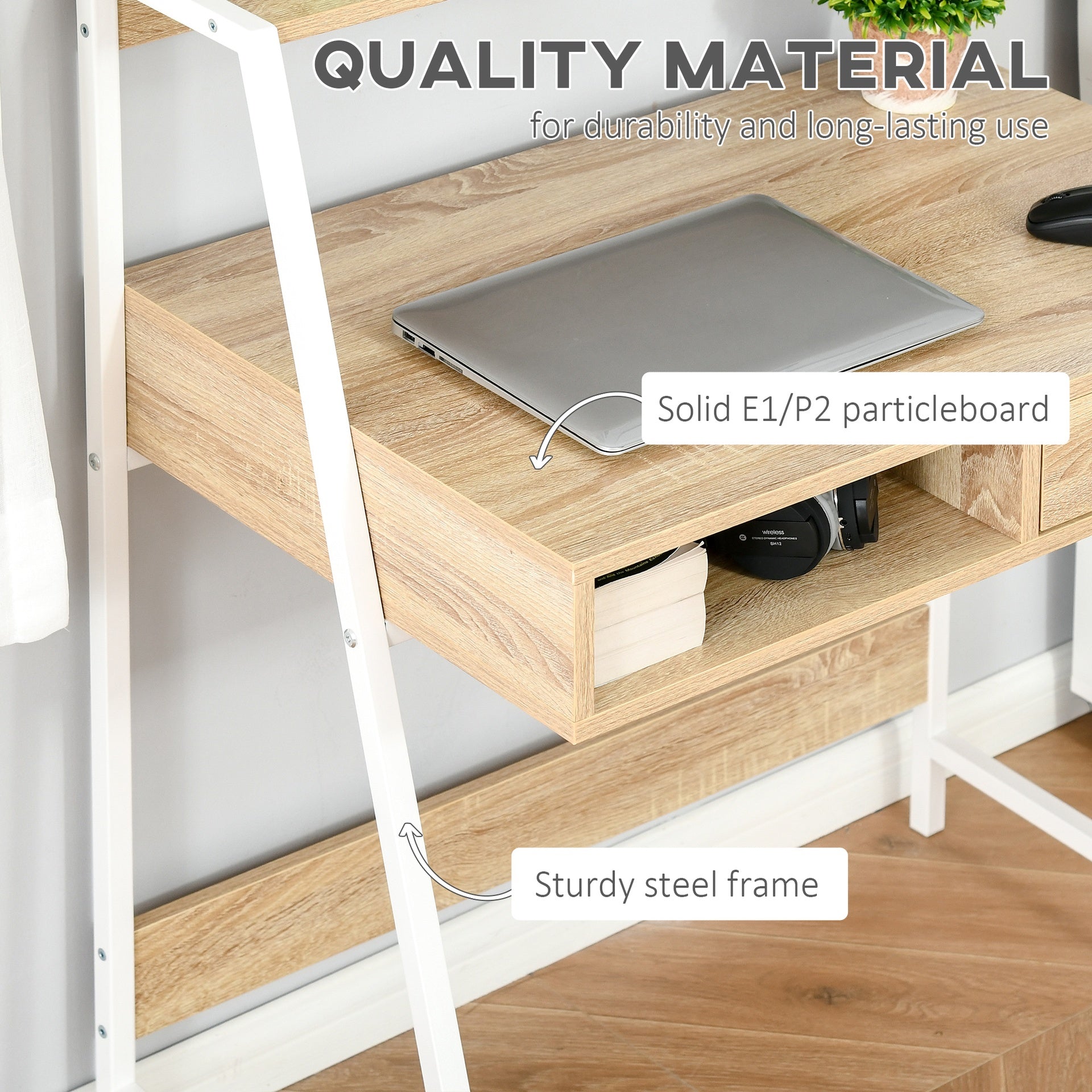 HOMCOM Home Office desk, Computer Desk for Small Spaces, Study Table with Drawer and Storage Shelves, Natural