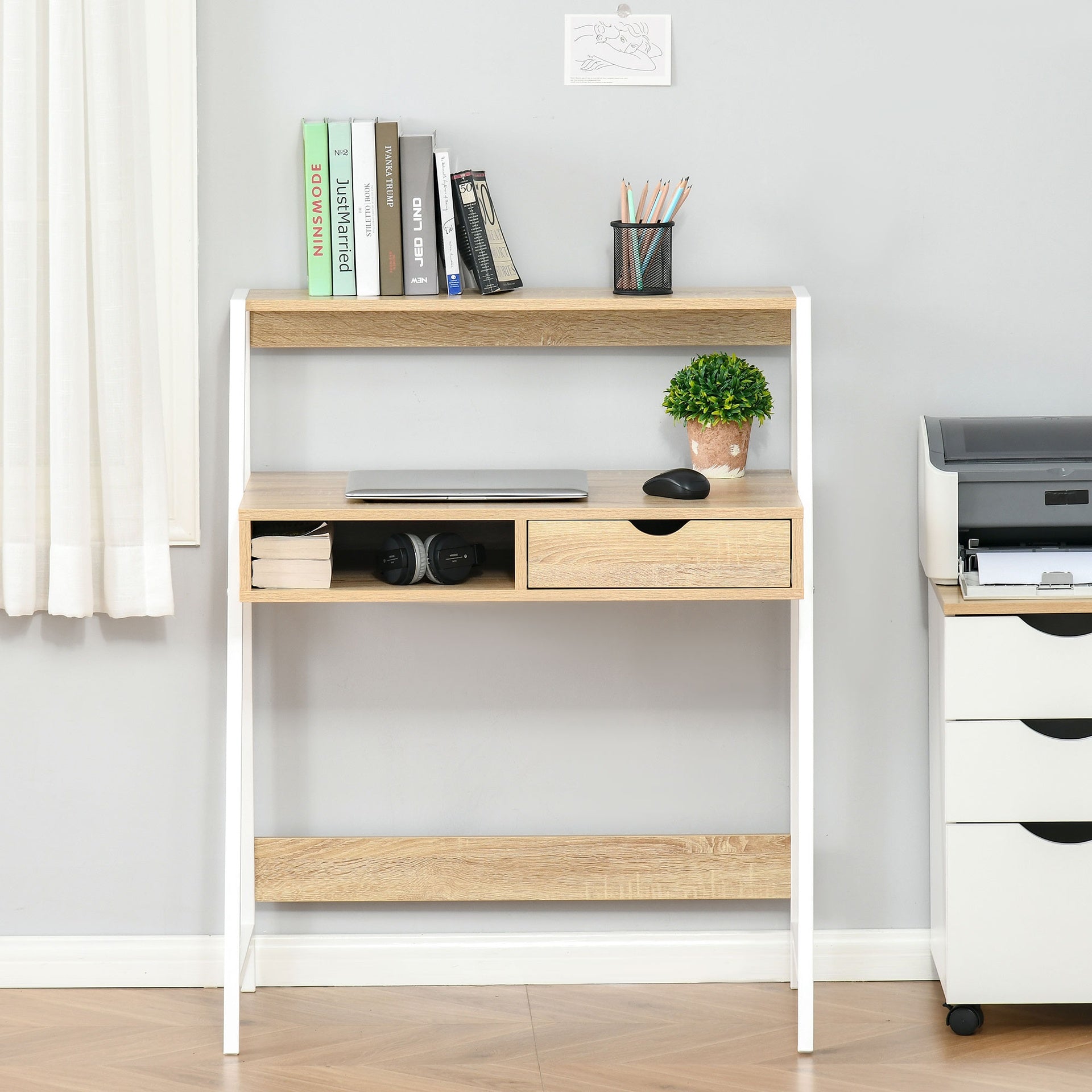 HOMCOM Home Office desk, Computer Desk for Small Spaces, Study Table with Drawer and Storage Shelves, Natural