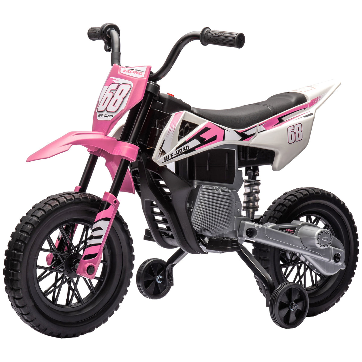 Qaba 12V Kids Electric Motorcycle w/ Twist Grip Throttle, Training Wheels, Rear Suspension & Music, Pink