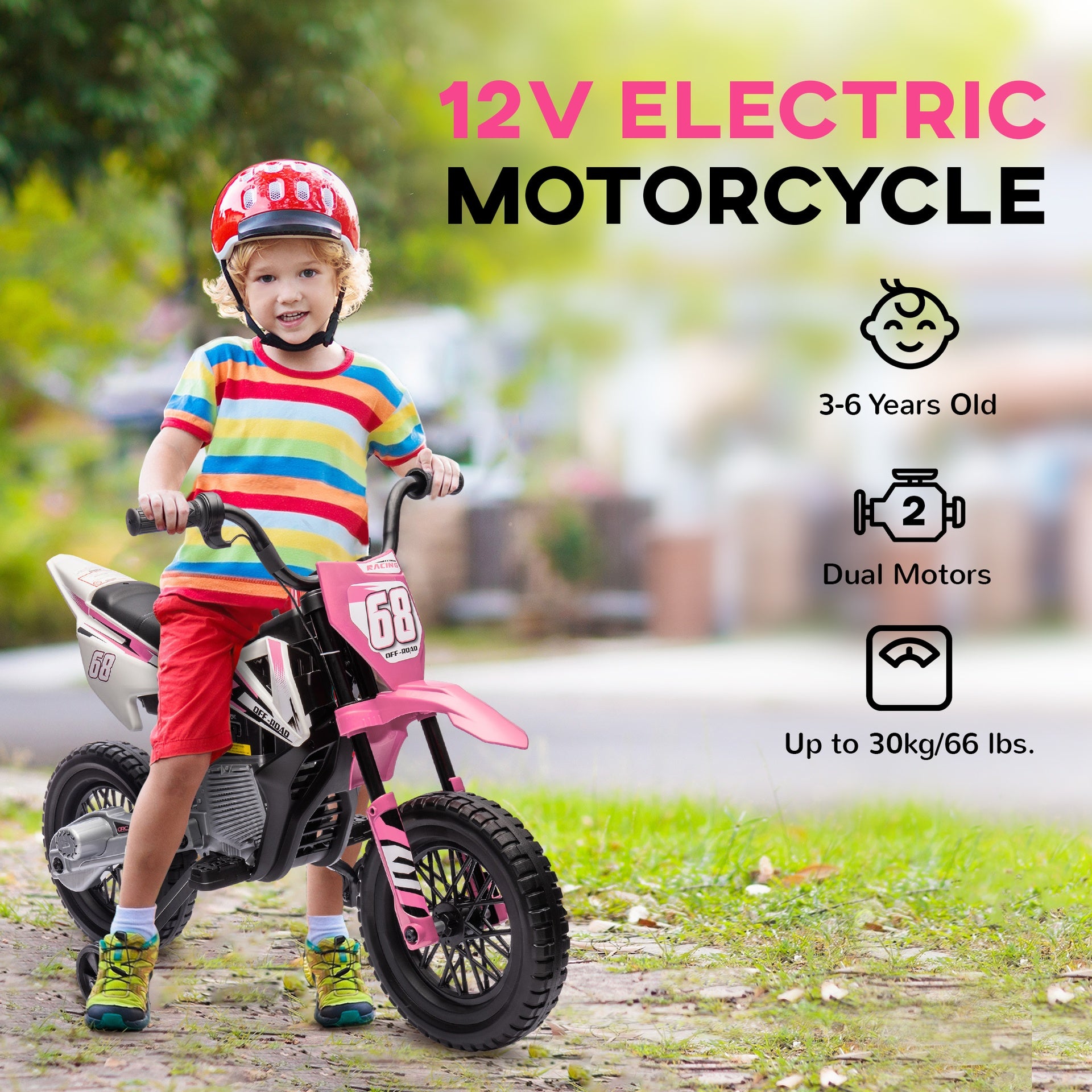 Qaba 12V Kids Electric Motorcycle w/ Twist Grip Throttle, Training Wheels, Rear Suspension & Music, Pink