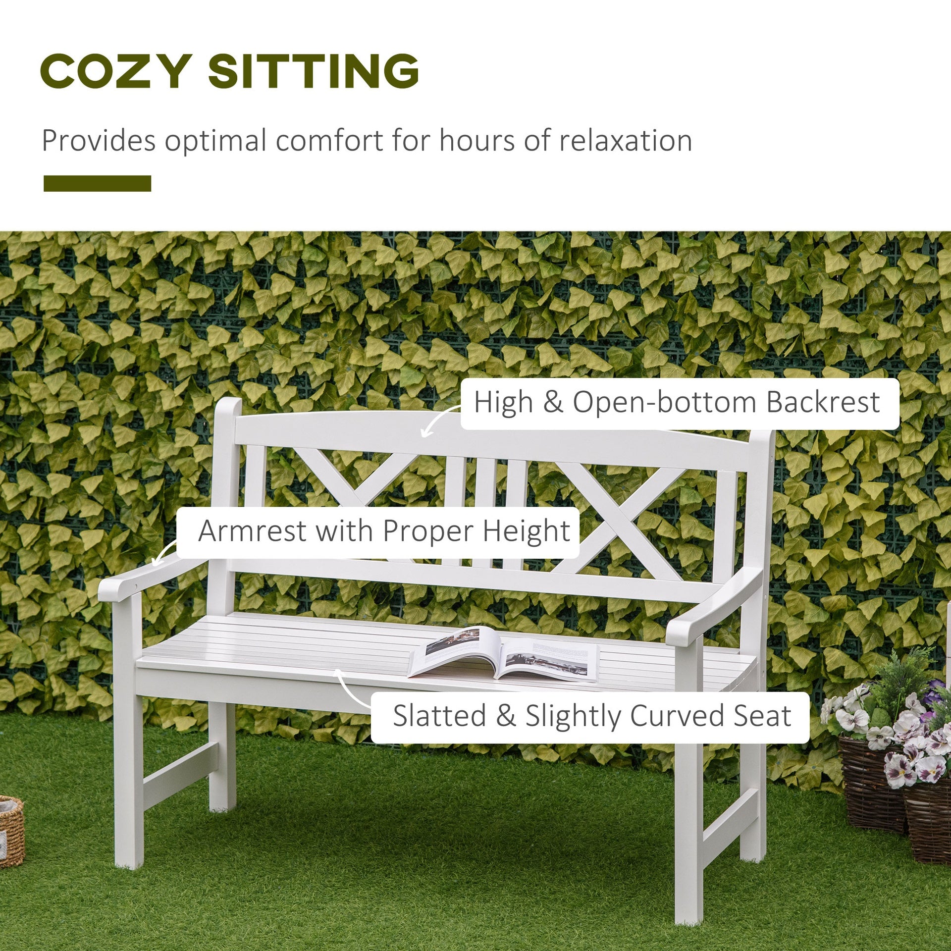 Outsunny 2-Seater Wooden Garden Bench, 4FT Outdoor Patio Loveseat with Unique X-Shape Back for Yard, Lawn, Porch, White