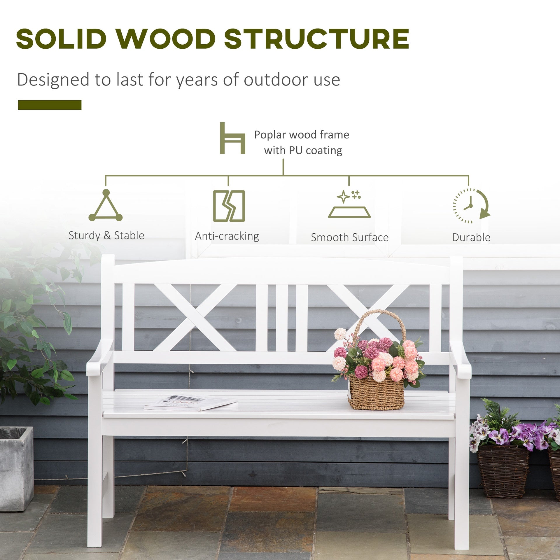 Outsunny 2-Seater Wooden Garden Bench, 4FT Outdoor Patio Loveseat with Unique X-Shape Back for Yard, Lawn, Porch, White