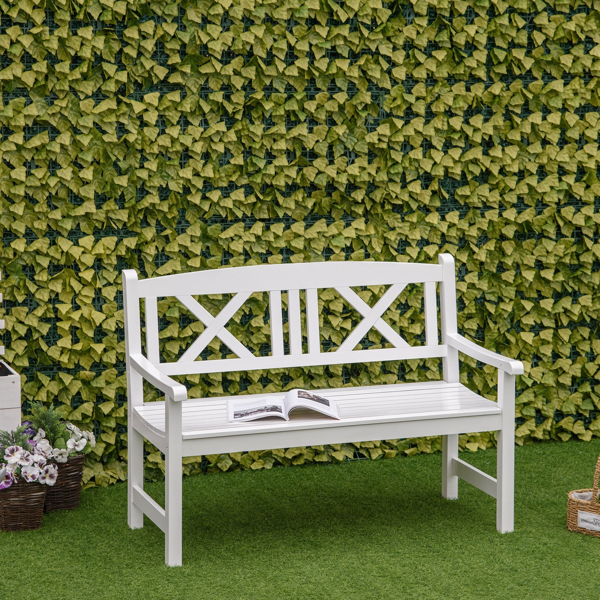 Outsunny 2-Seater Wooden Garden Bench, 4FT Outdoor Patio Loveseat with Unique X-Shape Back for Yard, Lawn, Porch, White