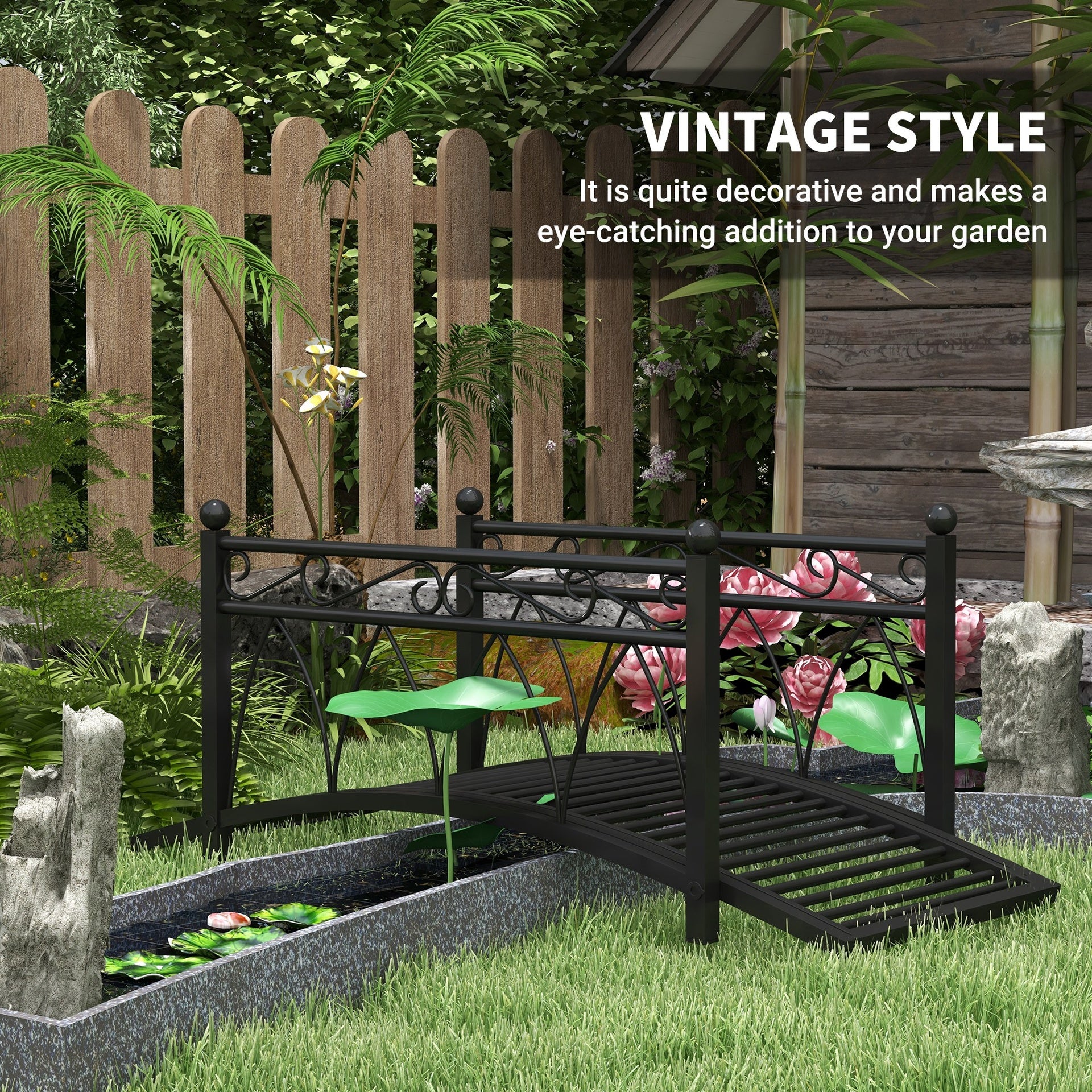 Outsunny 3.3' Metal Arch Zen Garden Pond Bridg with Safety Siderails for Stream, Fish Pond, Black