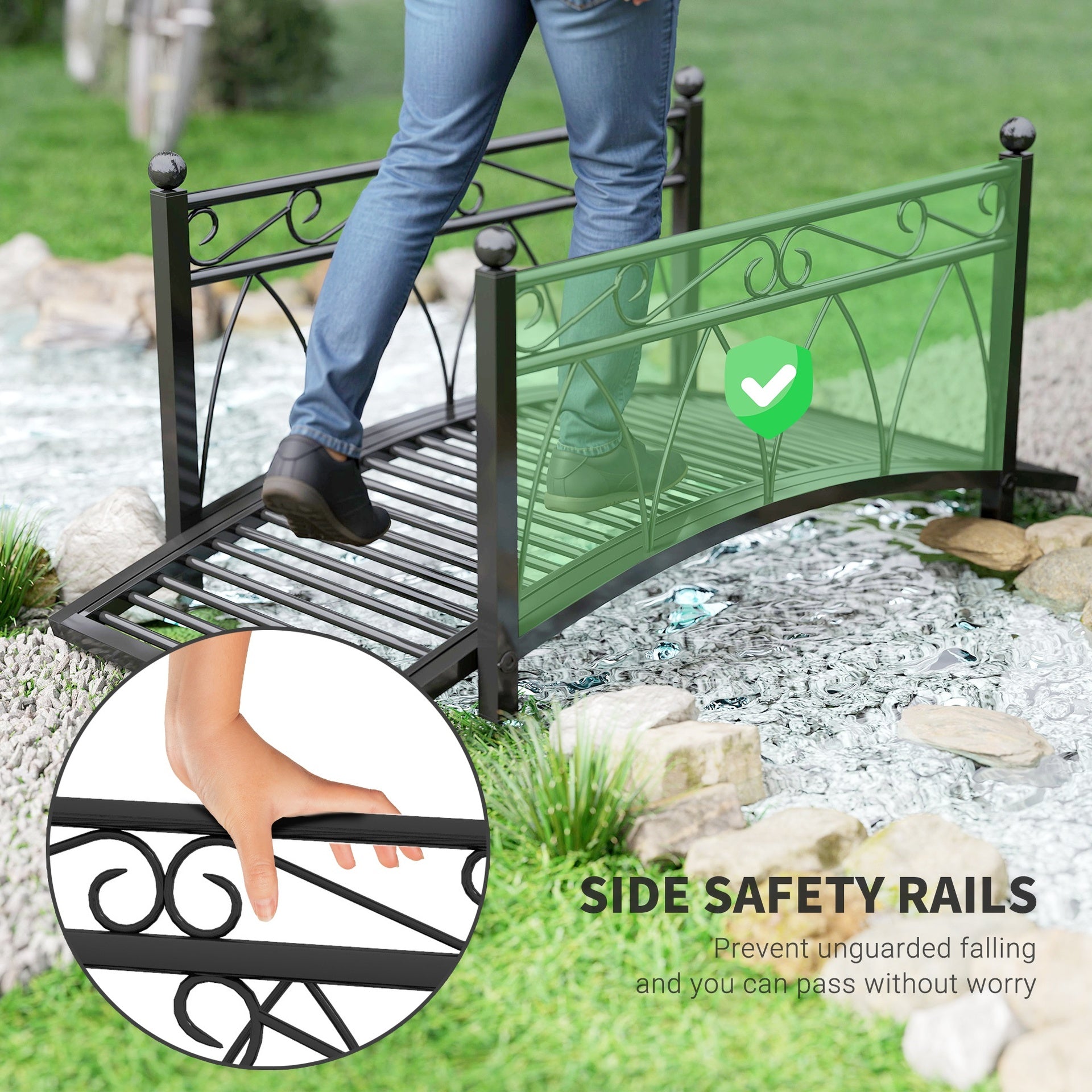 Outsunny 3.3' Metal Arch Zen Garden Pond Bridg with Safety Siderails for Stream, Fish Pond, Black