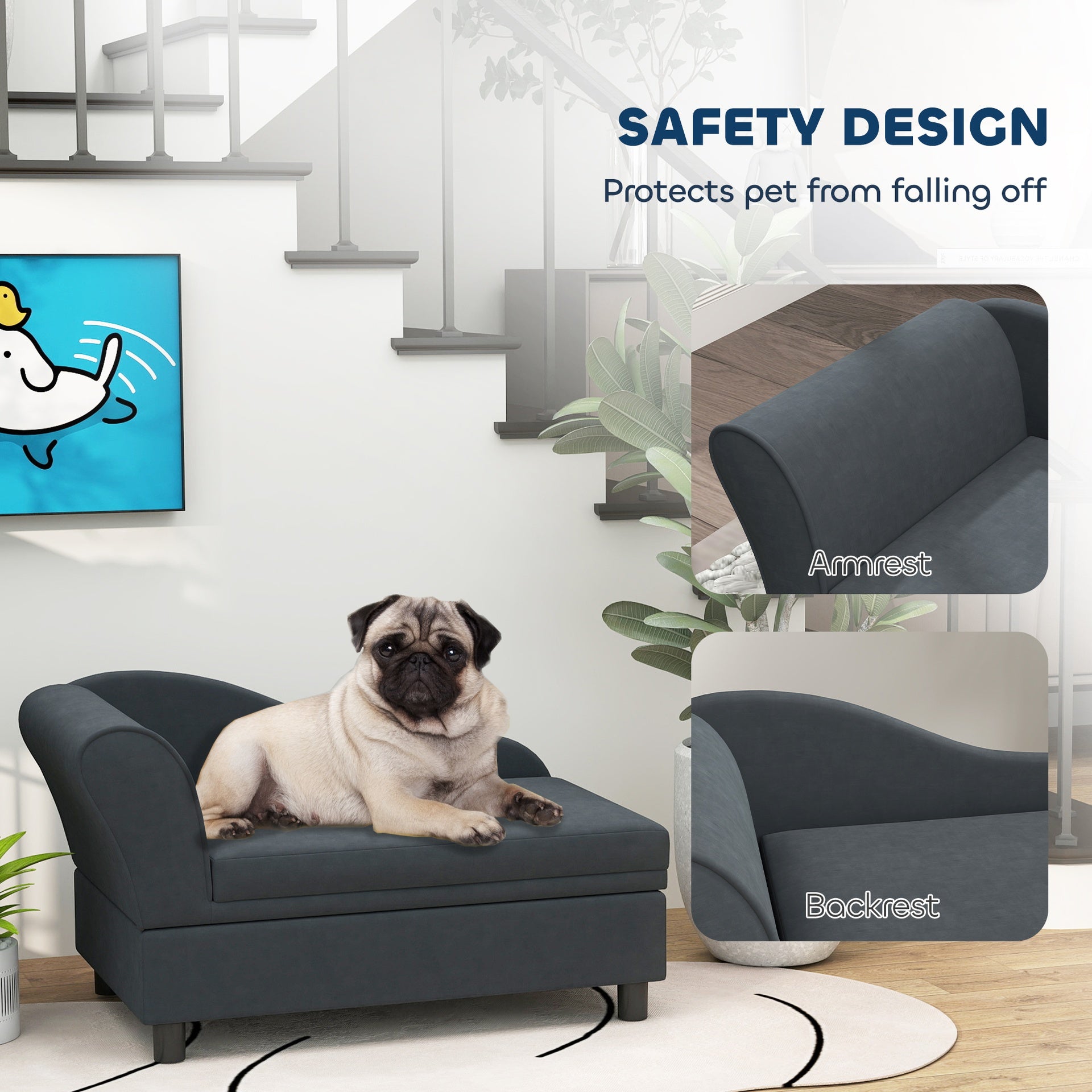PawHut Pet Sofa Bed Couch with Storage, Pet Sofa for Cats and Small Dogs, Dark Gray