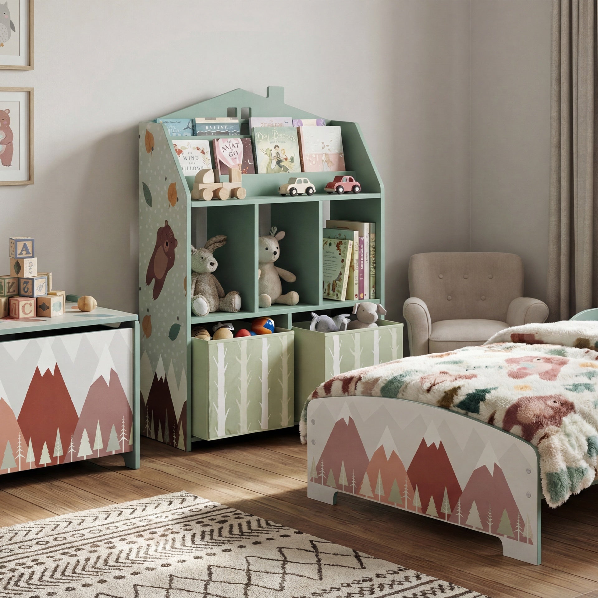 Qaba Kids Bookshelf with Storage, Toy Storage Unit with Book Display, Shelves and Fabric Drawers for Playroom Nursery, Green