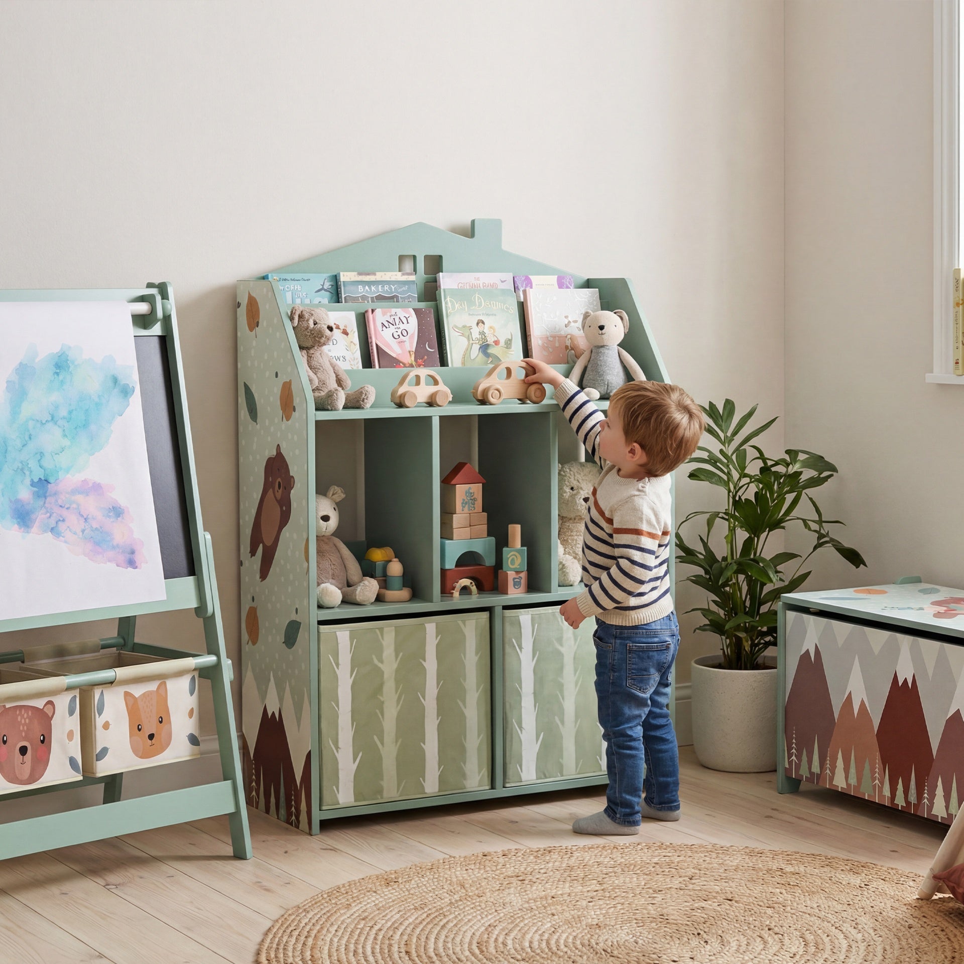 Qaba Kids Bookshelf with Storage, Toy Storage Unit with Book Display, Shelves and Fabric Drawers for Playroom Nursery, Green