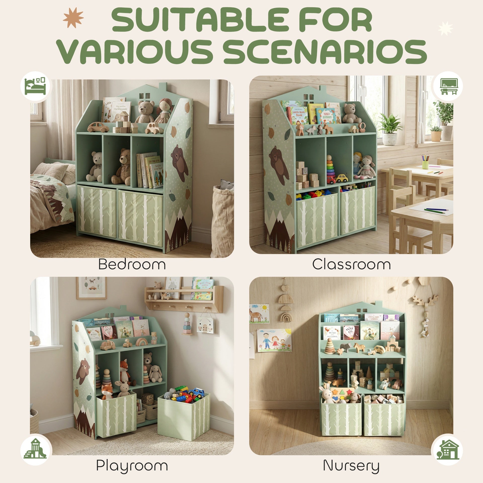 Qaba Kids Bookshelf with Storage, Toy Storage Unit with Book Display, Shelves and Fabric Drawers for Playroom Nursery, Green