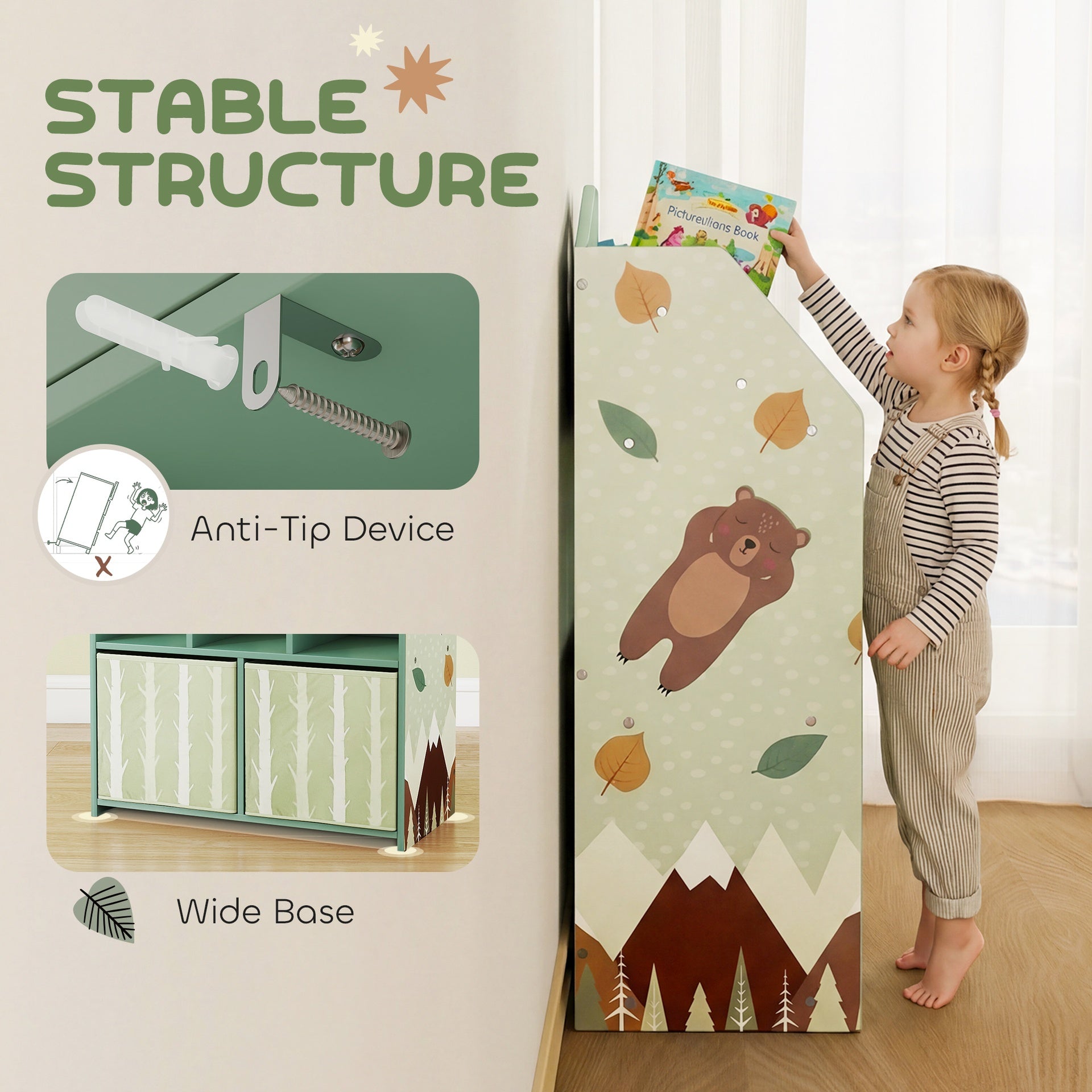 Qaba Kids Bookshelf with Storage, Toy Storage Unit with Book Display, Shelves and Fabric Drawers for Playroom Nursery, Green