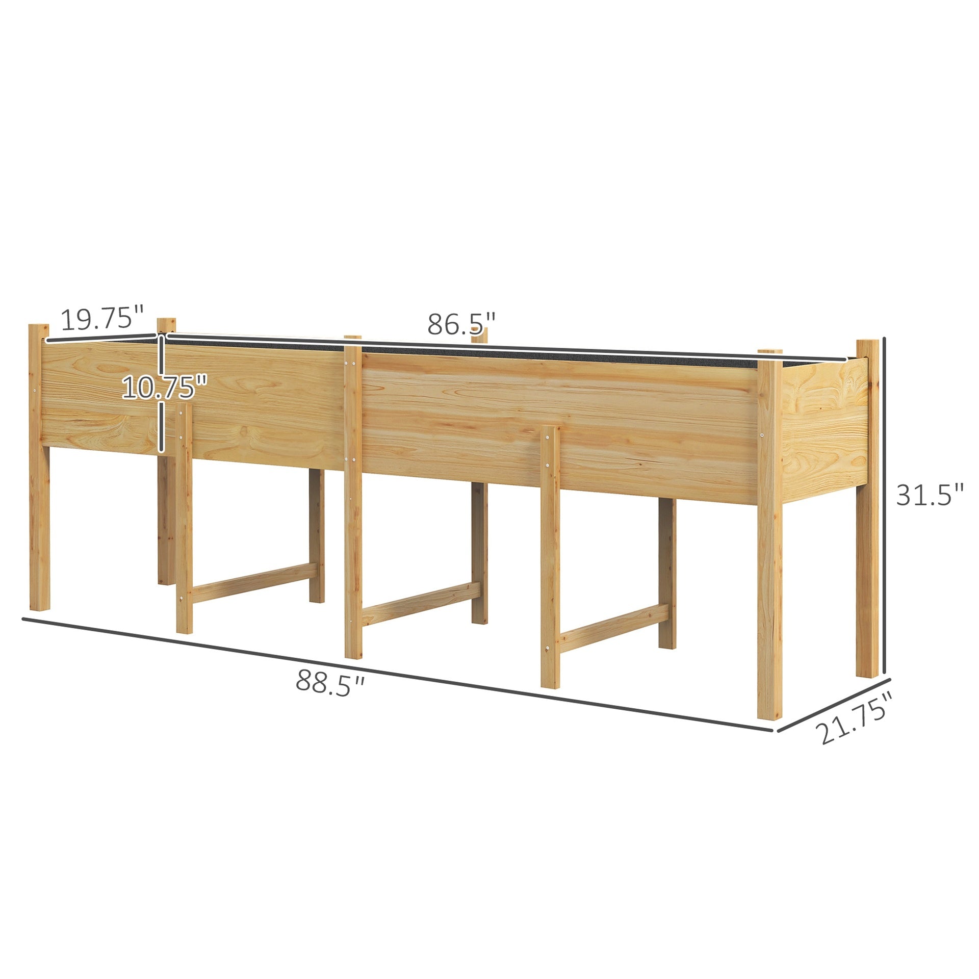 Outsunny Wooden Raised Garden Bed, Large Elevated Planter Box with Legs, Bed Liner and Drain Holes, 7.4' x 1.8' x 2.6', Natural