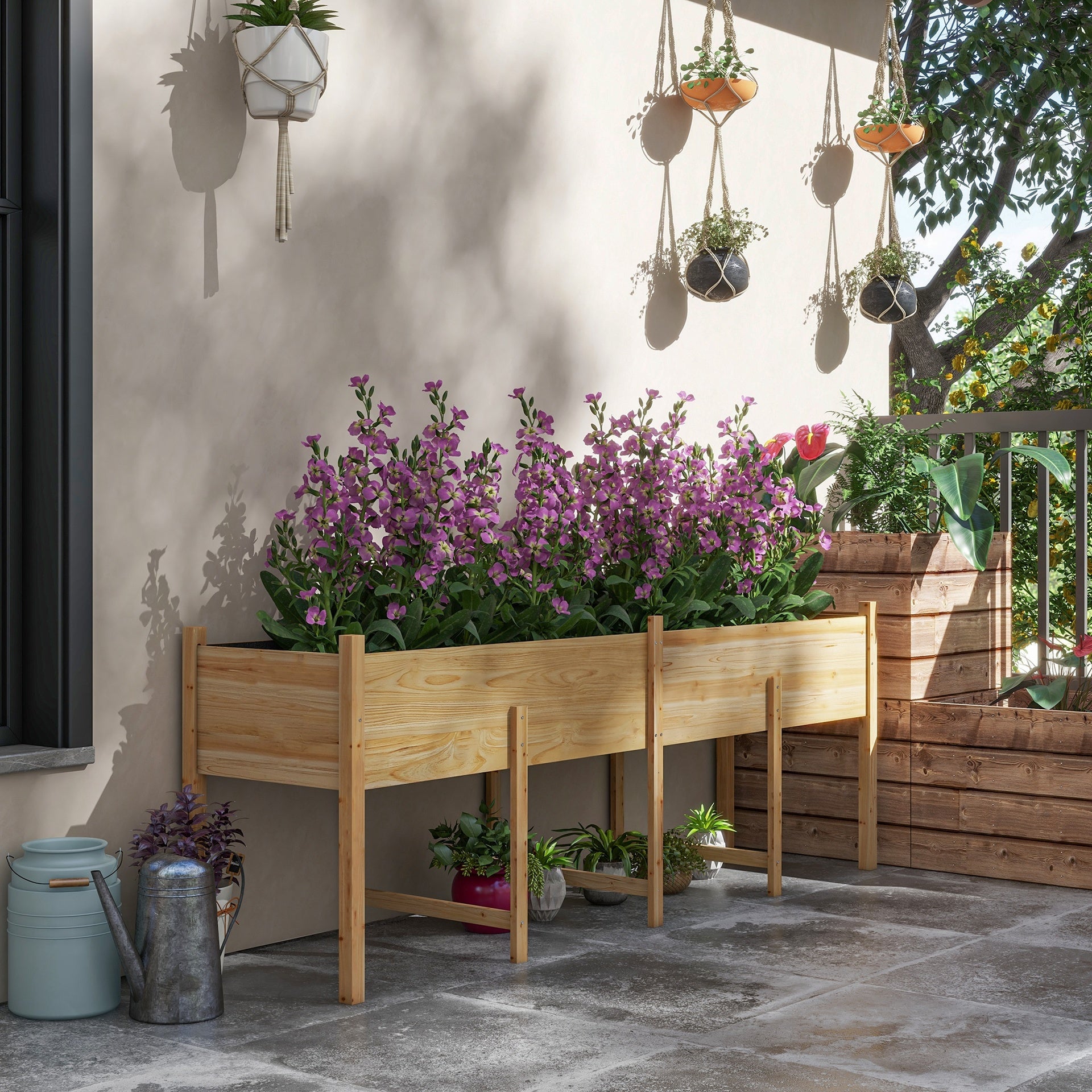Outsunny Wooden Raised Garden Bed, Large Elevated Planter Box with Legs, Bed Liner and Drain Holes, 7.4' x 1.8' x 2.6', Natural