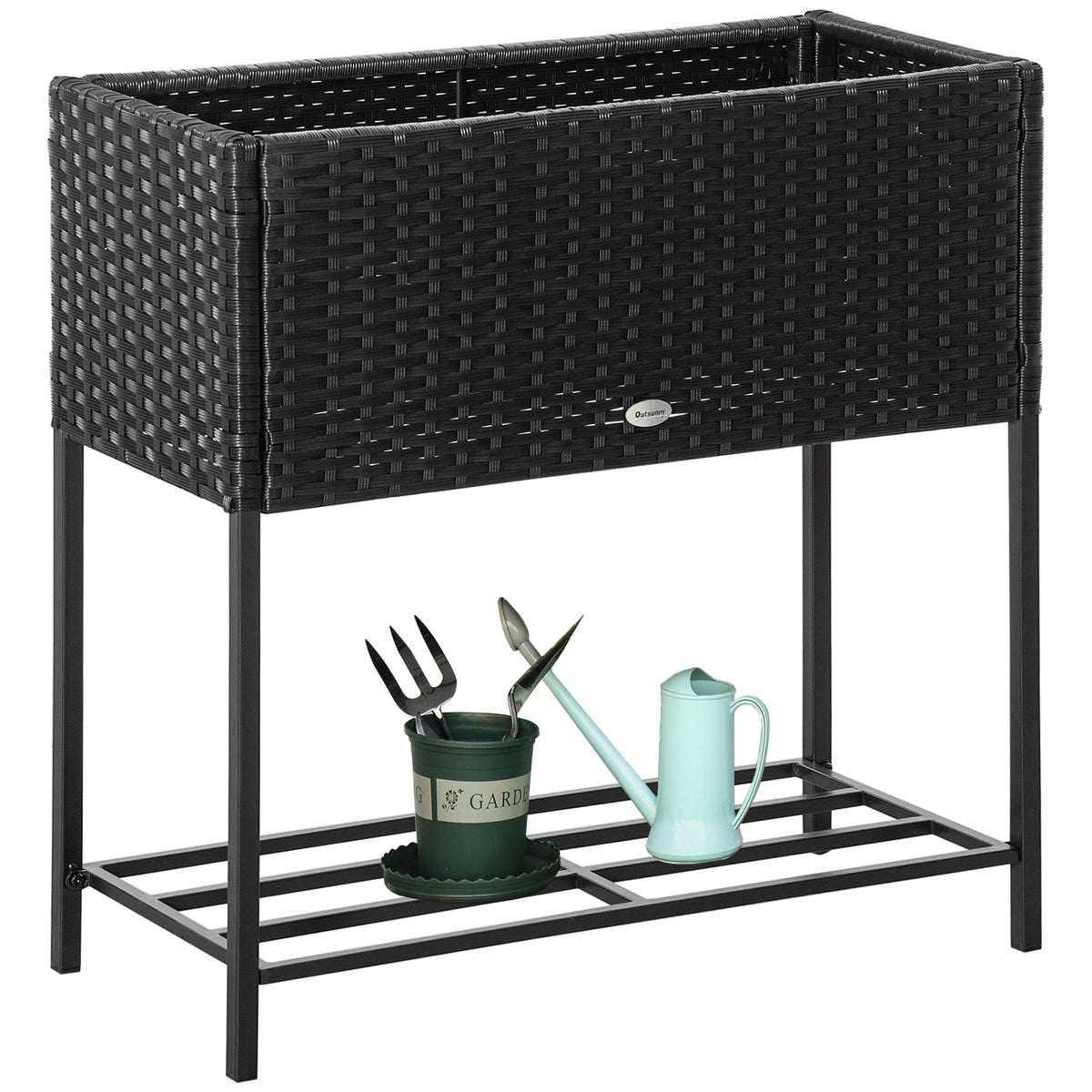 Outsunny PE Rattan Wicker Raised Flower & Vegetable Planter, Rack Shelf Box