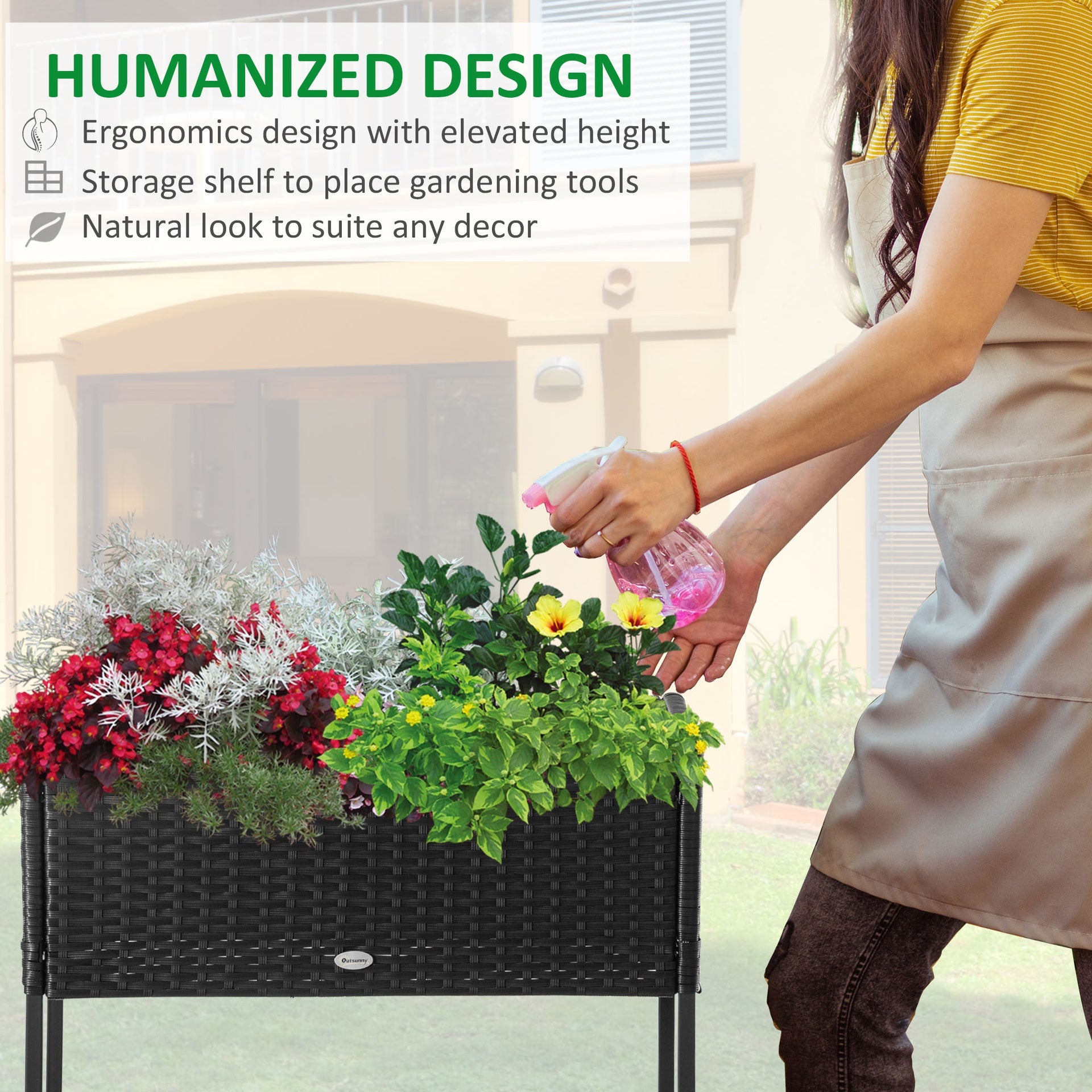 Outsunny PE Rattan Wicker Raised Flower & Vegetable Planter, Rack Shelf Box