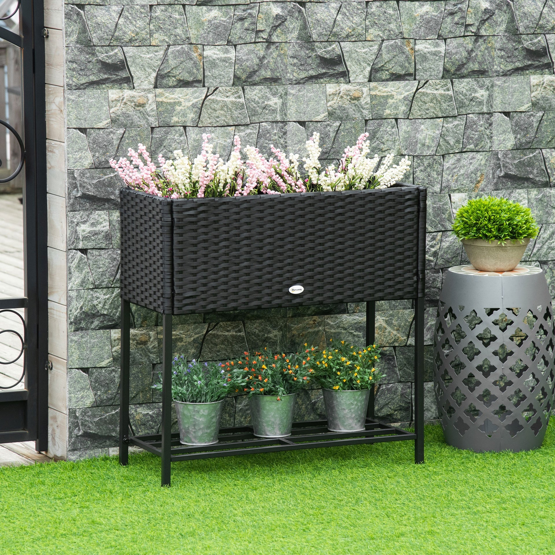 Outsunny PE Rattan Wicker Raised Flower & Vegetable Planter, Rack Shelf Box