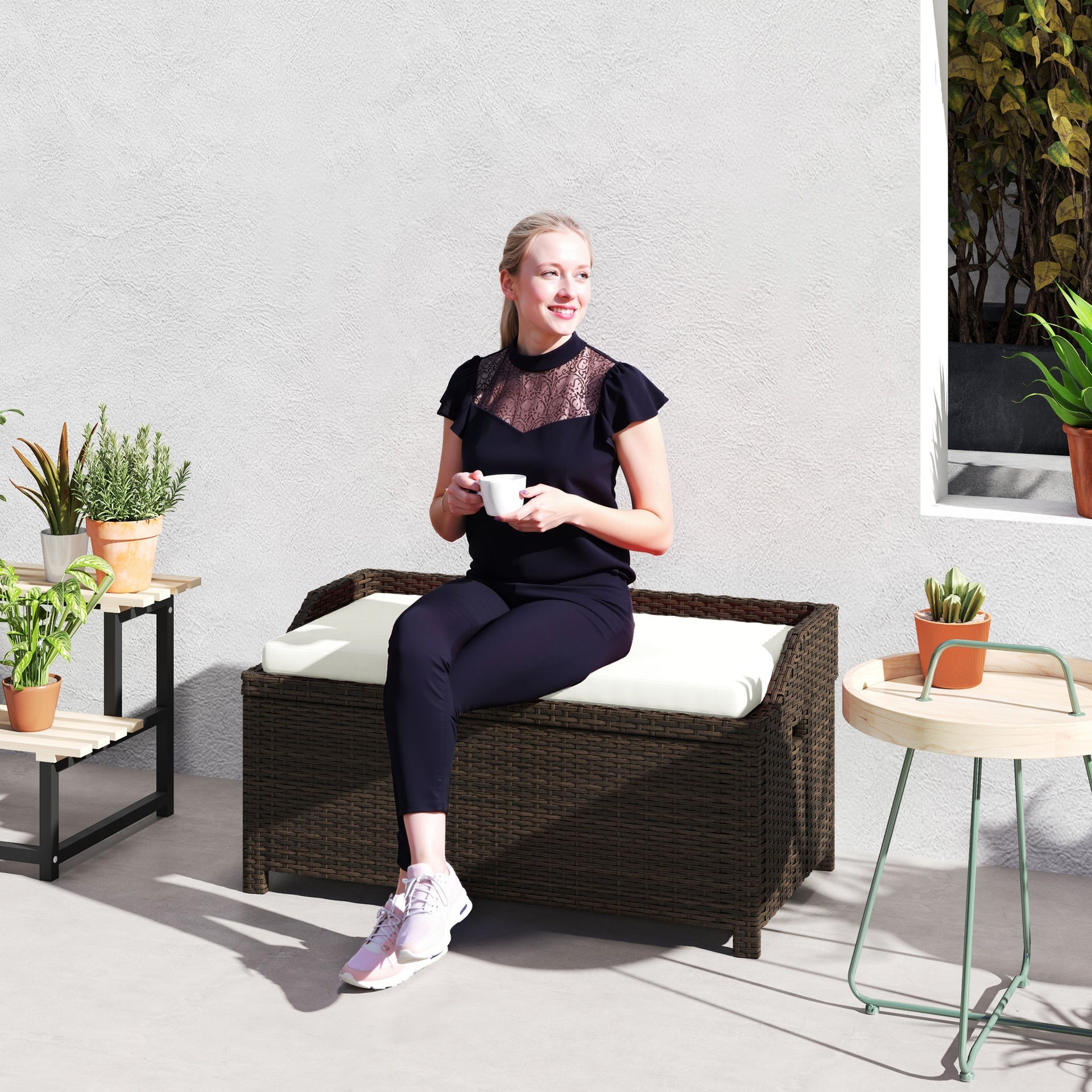 Outsunny Outdoor Wicker Storage Bench with Storage & Cushion, Cream White