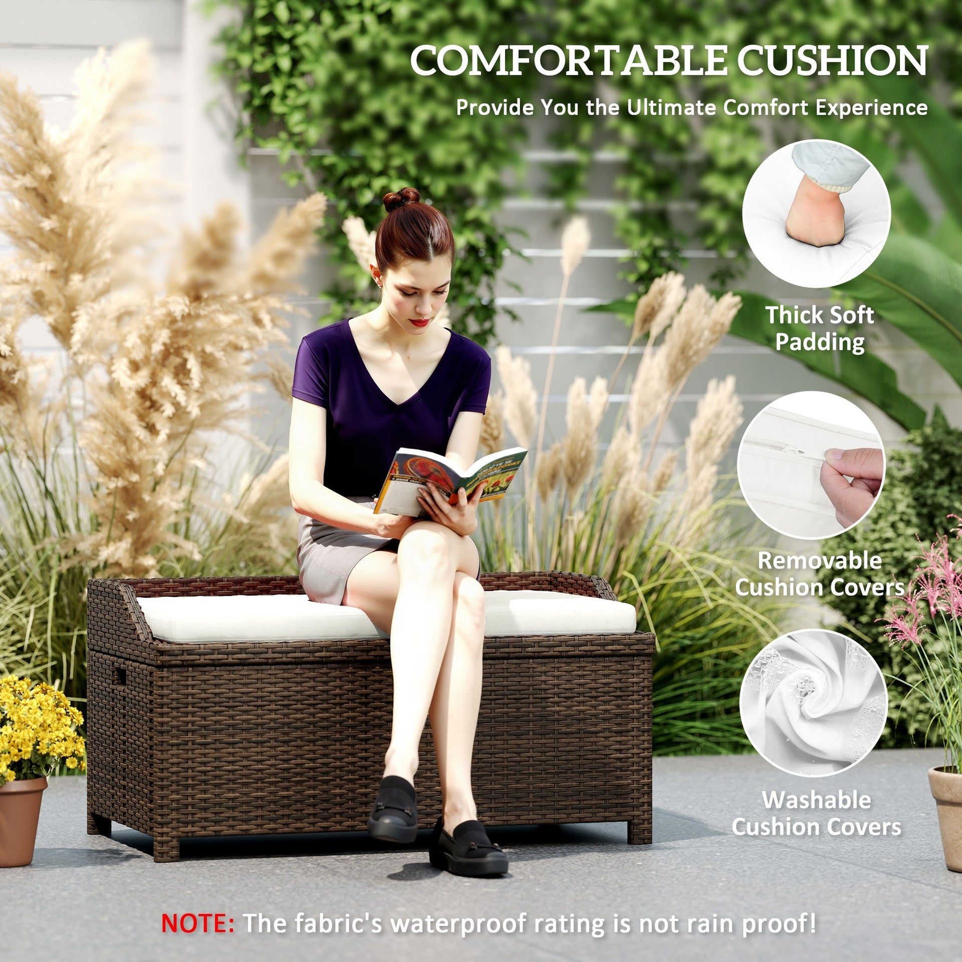 Outsunny Outdoor Wicker Storage Bench with Storage & Cushion, Cream White
