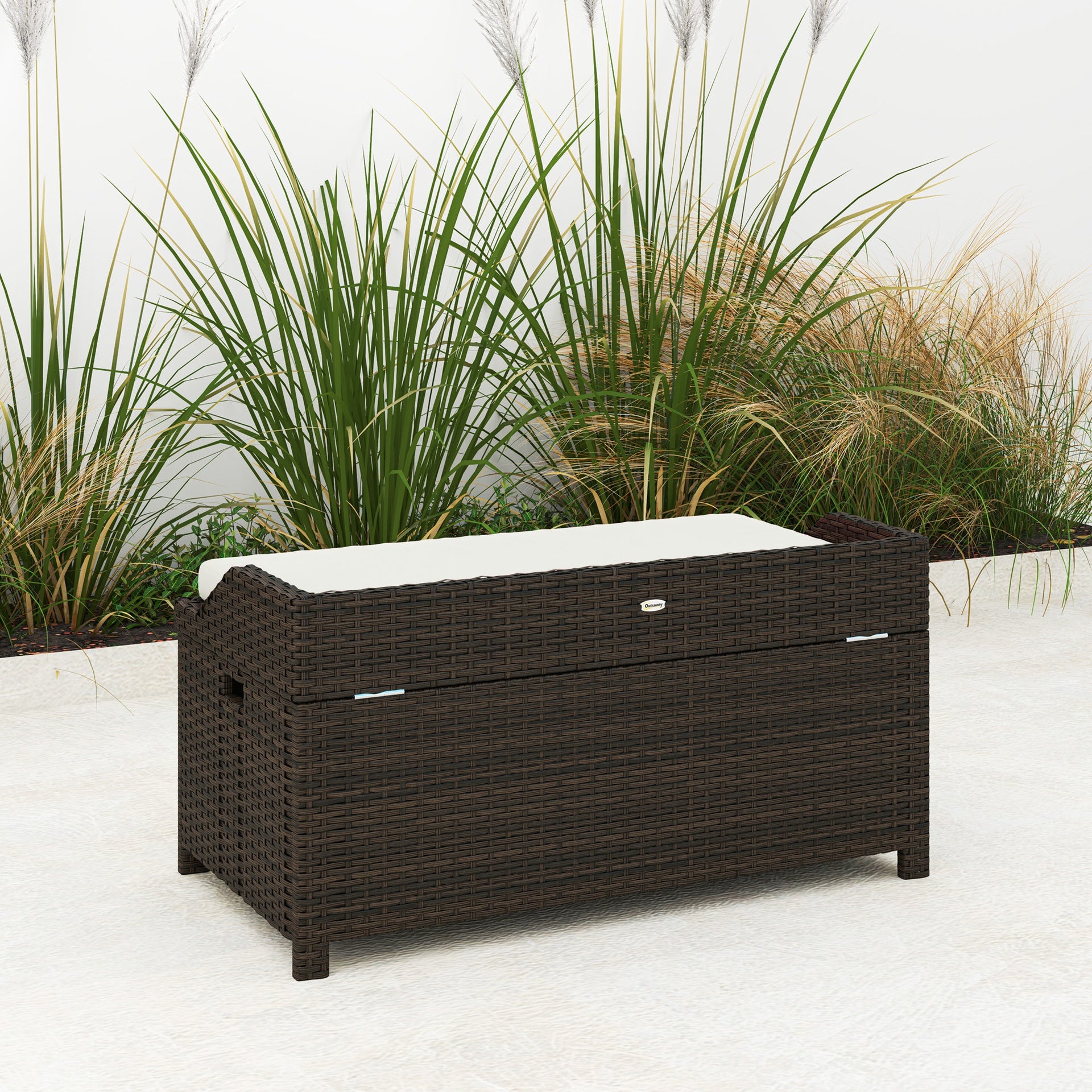 Outsunny Outdoor Wicker Storage Bench with Storage & Cushion, Cream White