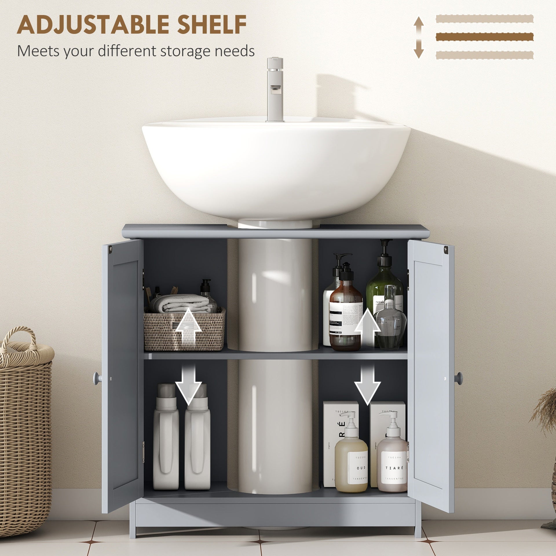 HOMCOM Under Sink Bathroom Cabinet, Pedestal Sink Storage Cabinet with 2 Doors, Shelf and U-Shape, Gray